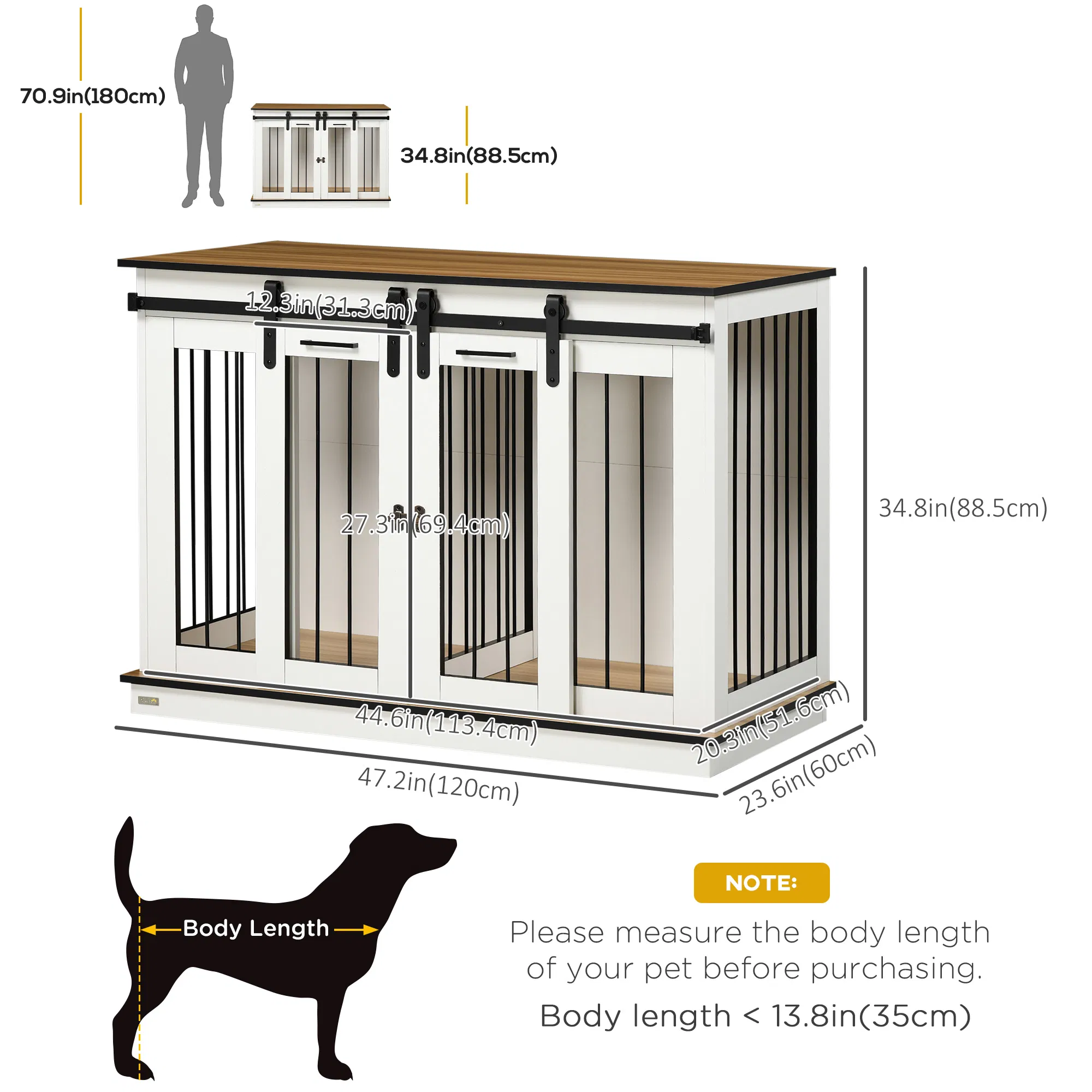 47in Dog Crate Furniture with Divider Panel, Wooden Dog Kennel TV Stand for Large Breeds, Pet House Side Table for 2 Small Breeds with 2 Rooms Design, 2 Sliding Doors, White photo 2