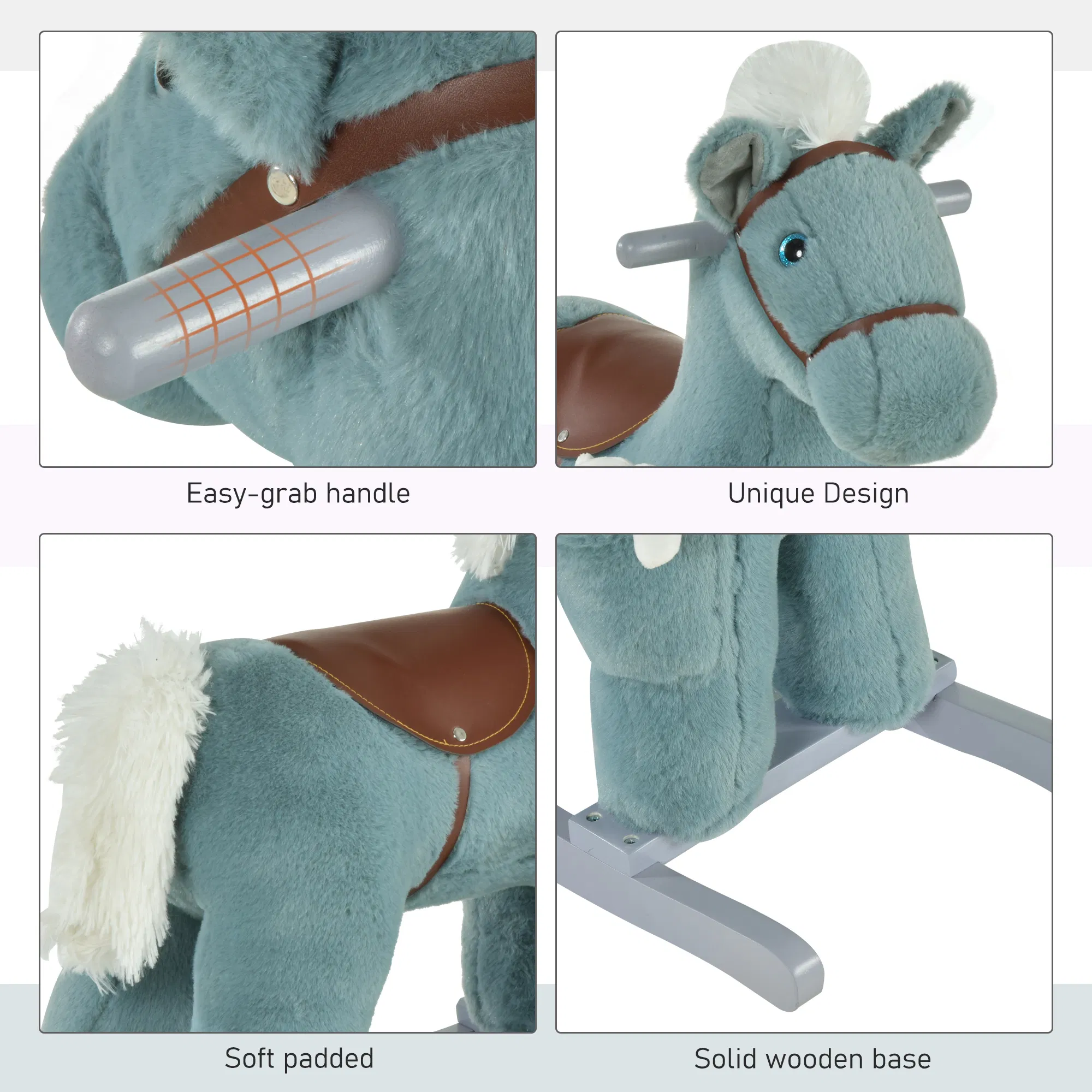 Kids Plush Ride-On Rocking Horse with Bear Toy, Children Chair with Soft Plush Toy & Fun Realistic Sounds, Blue photo 4