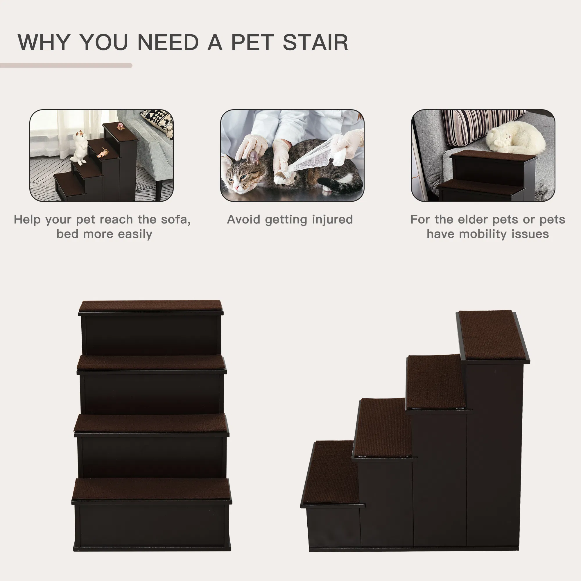 4 Levels Wooden Dog Steps Pet Stairs for High Bed, Cat Ladder for Bed Couch with Non-Slip Carpet, Dark Coffee photo 6