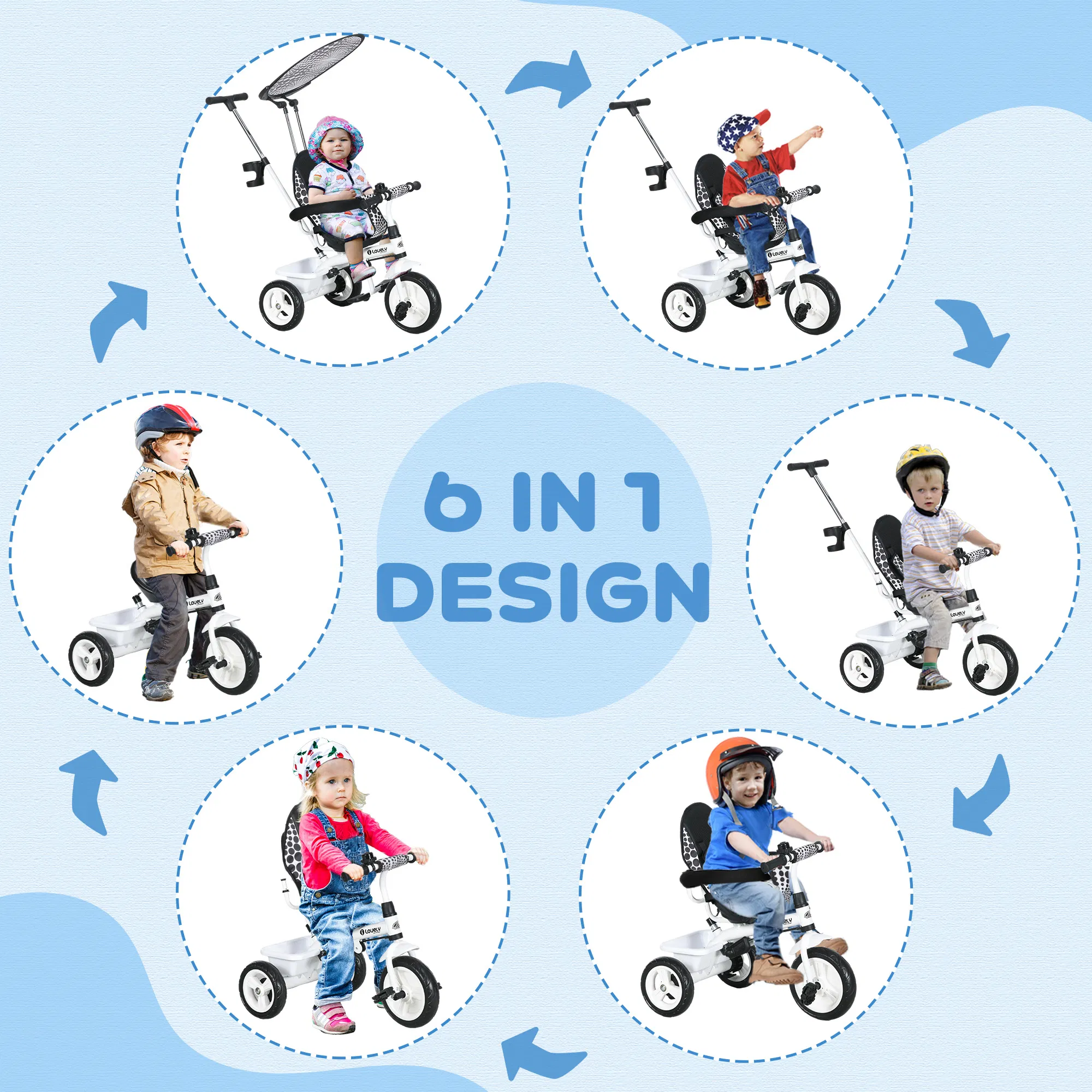6 in 1 Kids Tricycle with Removable Handlebar and Canopy, White photo 5