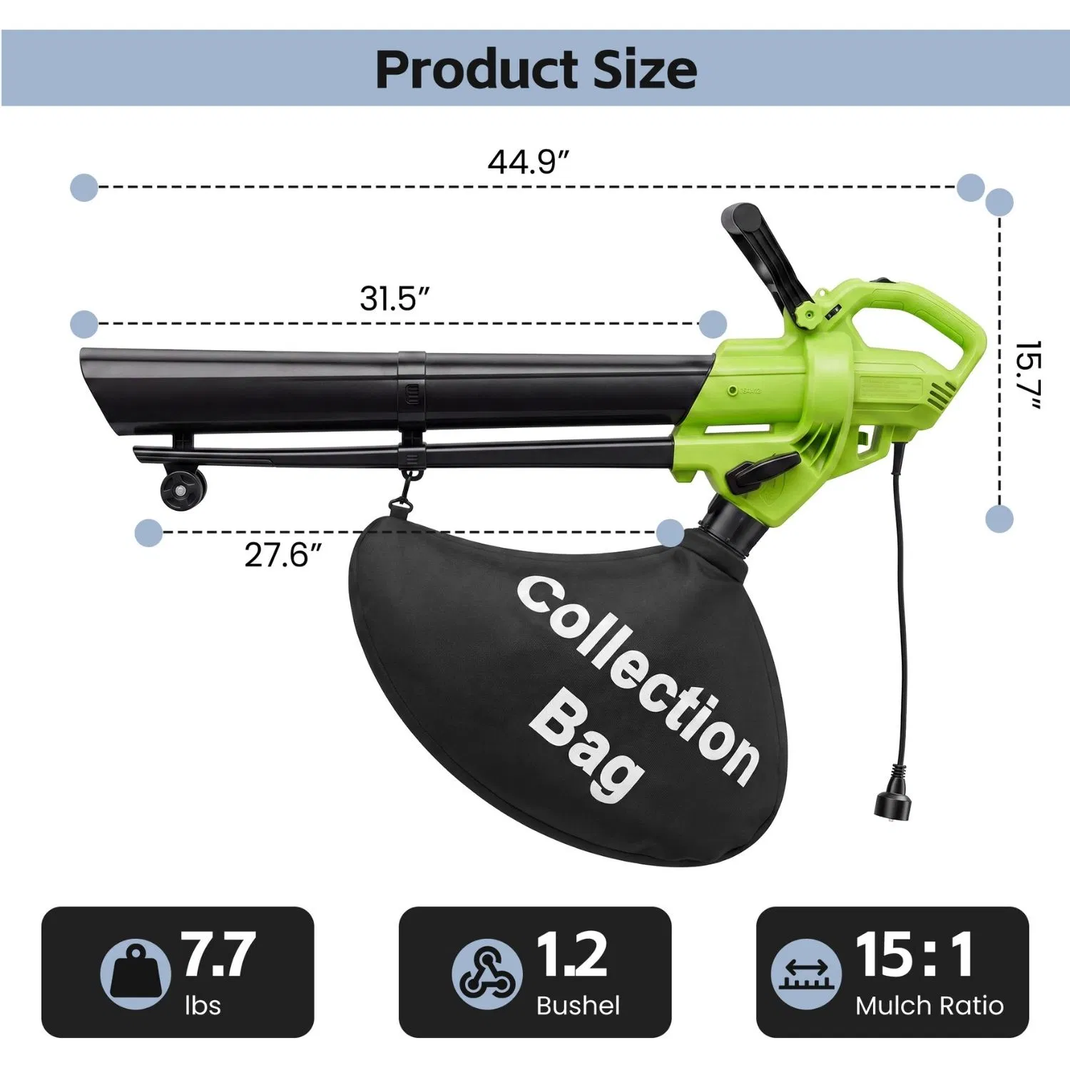 3-in-1 Corded Leaf Blower, Vacuum And Mulcher, 500 CFM 167 MPH Electric Yard Cleaner with 10.57gal Collection Bag photo 2