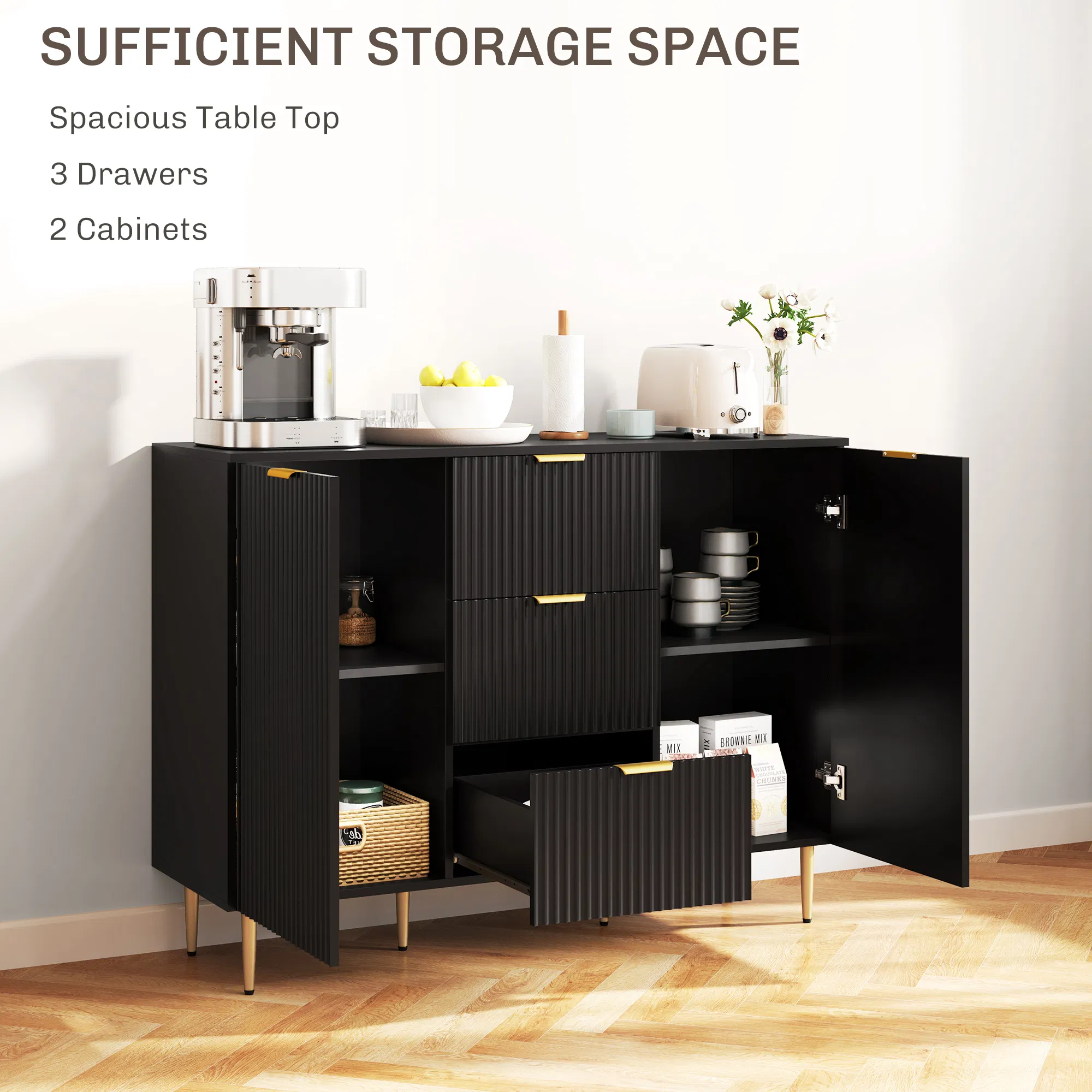 Modern Kitchen Storage Cabinet, Sideboard Buffet Cabinet w/ 3 Drawers and Adjustable Shelves for Kitchen Hallway, Black photo 2