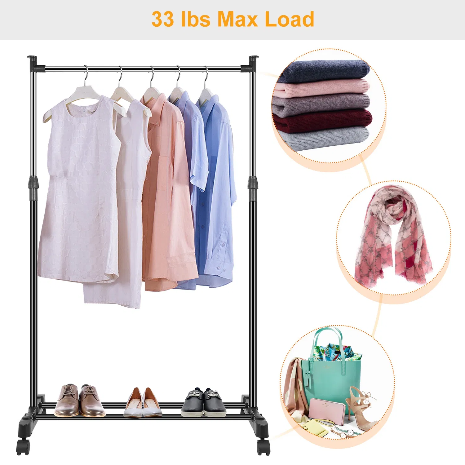 15kg/33lbs Garment Racks 3.12ft-4.80ft Height Adjustable Clothes Stand Foldable Clothes Hanger w/ Wheels Storage Shelf For Dormitory Home photo 6