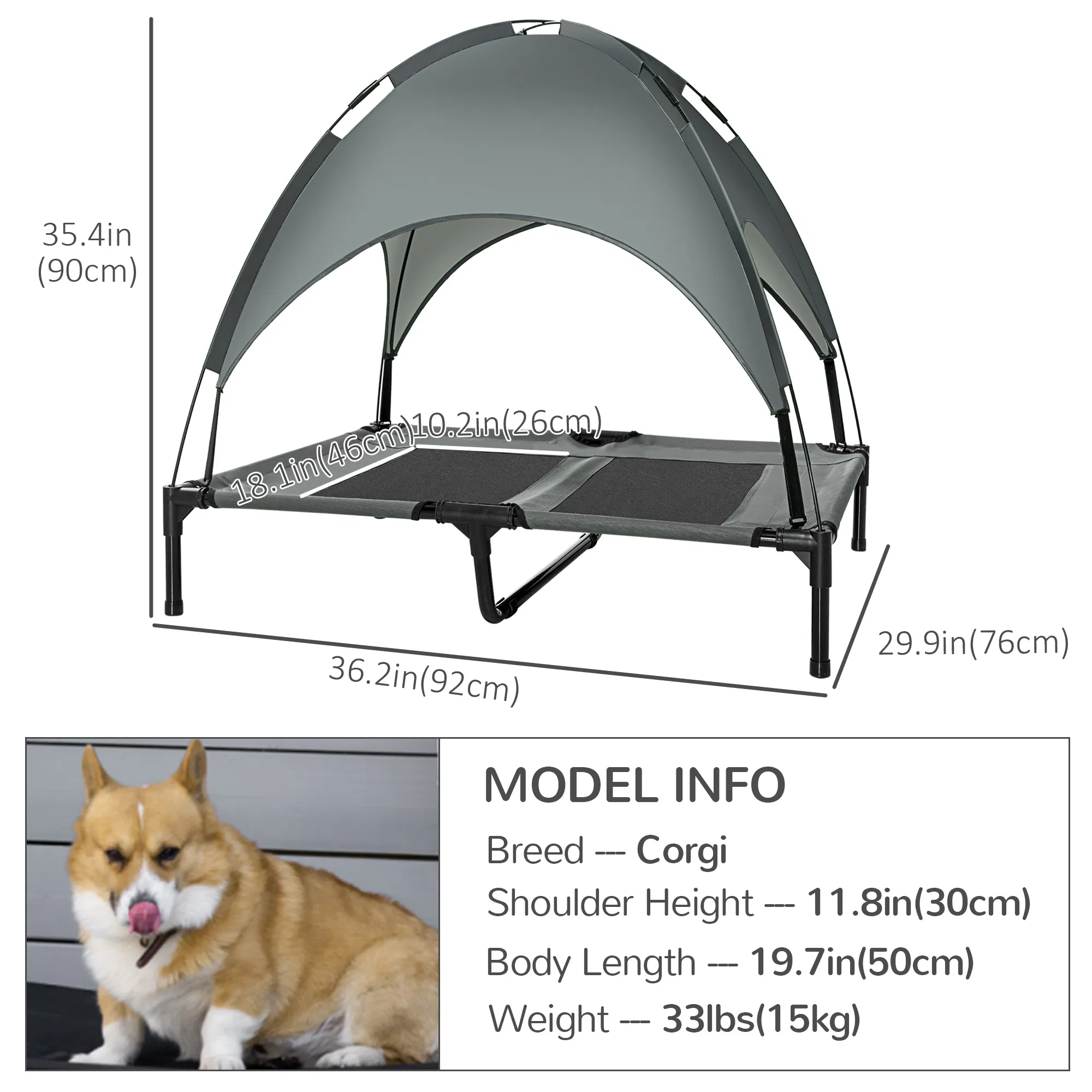 Large Elevated Dog Bed 6.2" L X 29.9" W 36.2" H Foldable Outdoor Cat Dog Canopy Cot w/ Carry Bag Grey photo 4