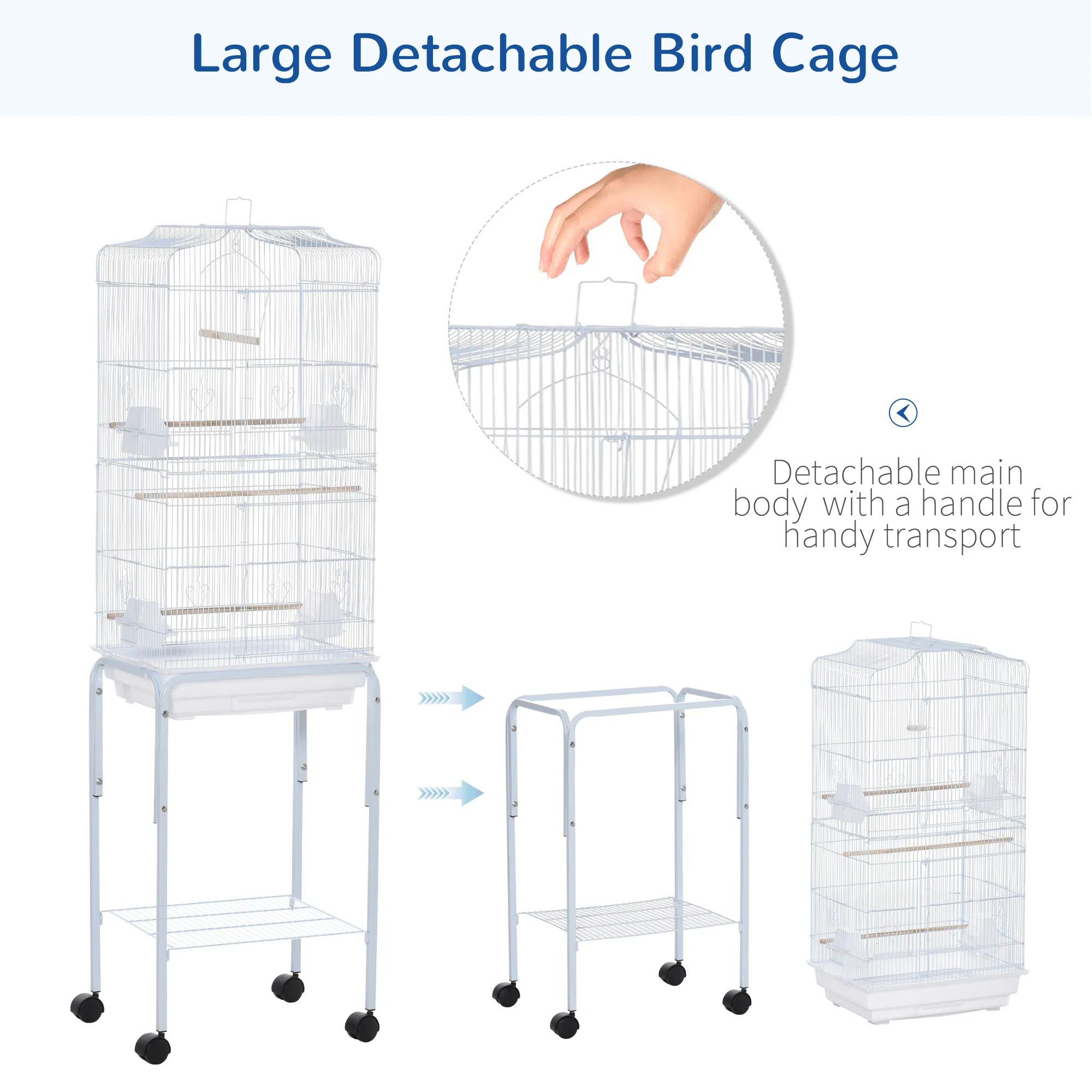 62" Rolling Bird Cage Cockatoo House Play Top Finch Pet Supply with Storage Shelf, Wheels - White photo 6