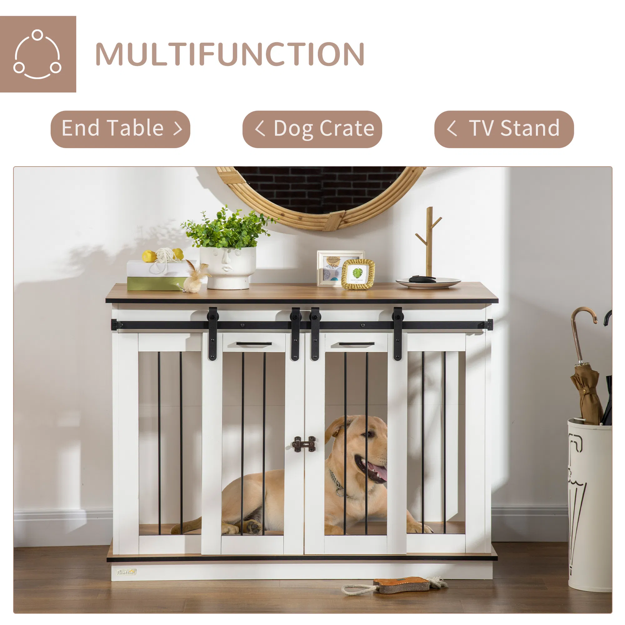 47in Dog Crate Furniture with Divider Panel, Wooden Dog Kennel TV Stand for Large Breeds, Pet House Side Table for 2 Small Breeds with 2 Rooms Design, 2 Sliding Doors, White photo 3