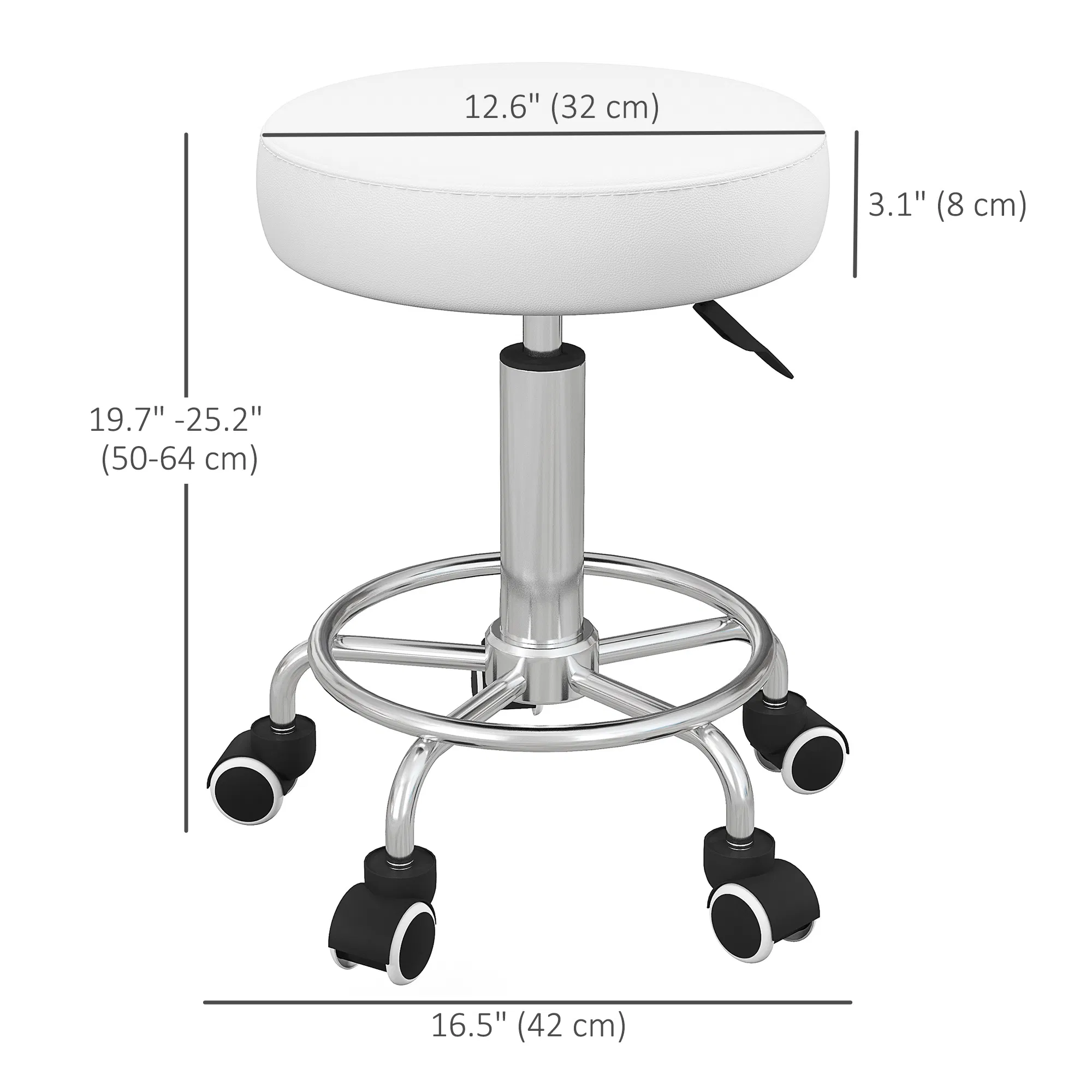 Vinsetto Salon Stool with Adjustable Height, PU Leather Barber Rolling Massage Tattoo Chair for Bar Beauty SPA, White photo 6