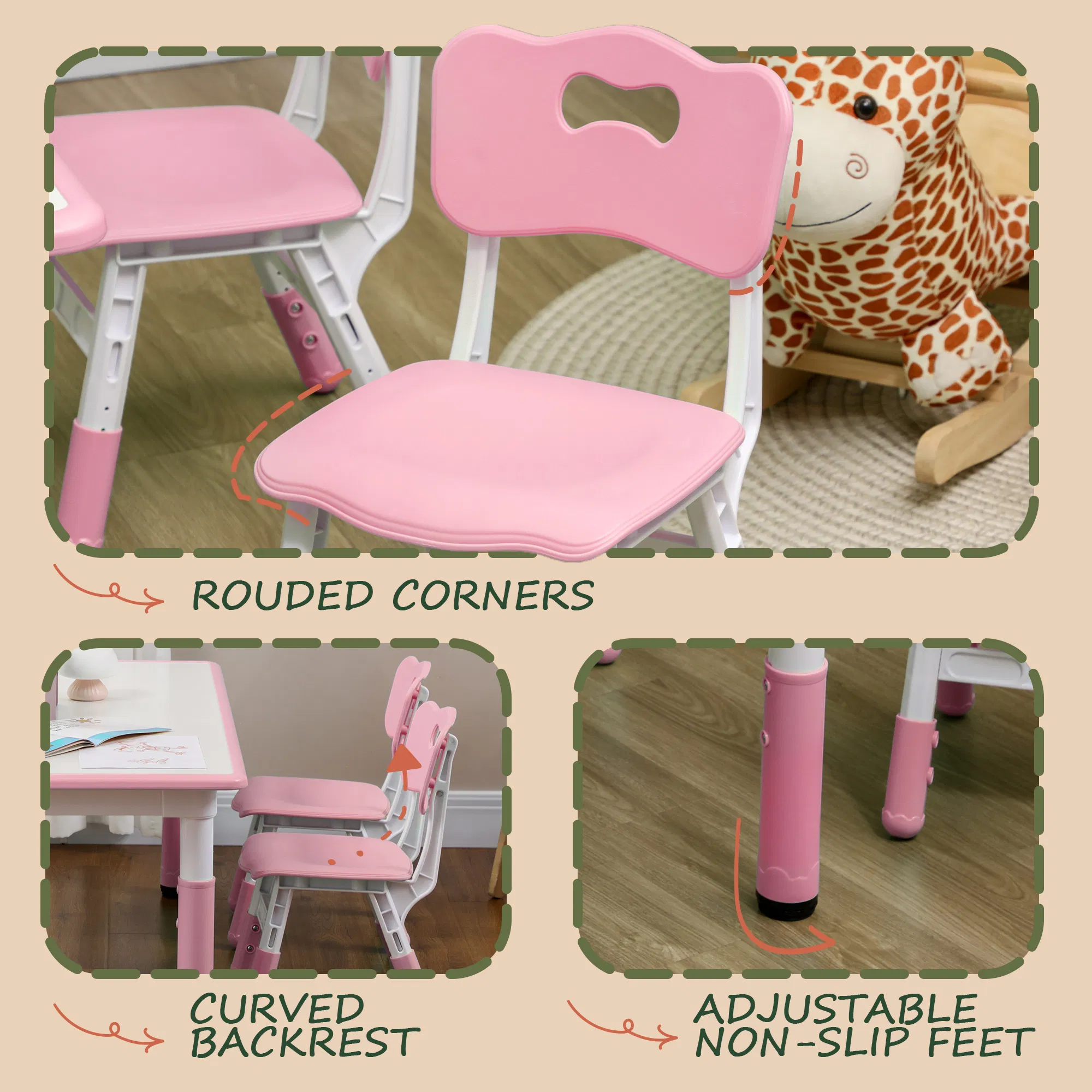 Kids Table and Chair Set with 4 Chairs, Adjustable Height, Easy to Clean, for 1.5 - 5 Years Old, Pink photo 3