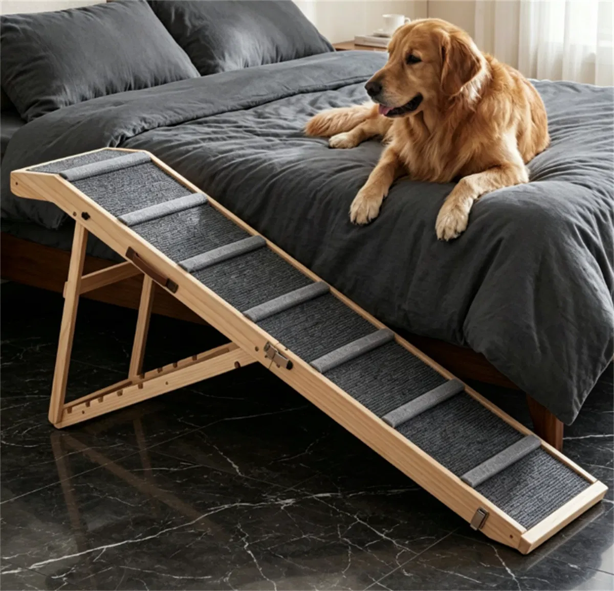 6-Level Adjustable Foldable Pet Ramp , Solid Pine Wood Non-Slip Dog Stairs with Side Rails, 145 lbs Heavy Duty Pet Step for Senior Dogs & Pets with Mobility Issues photo 7