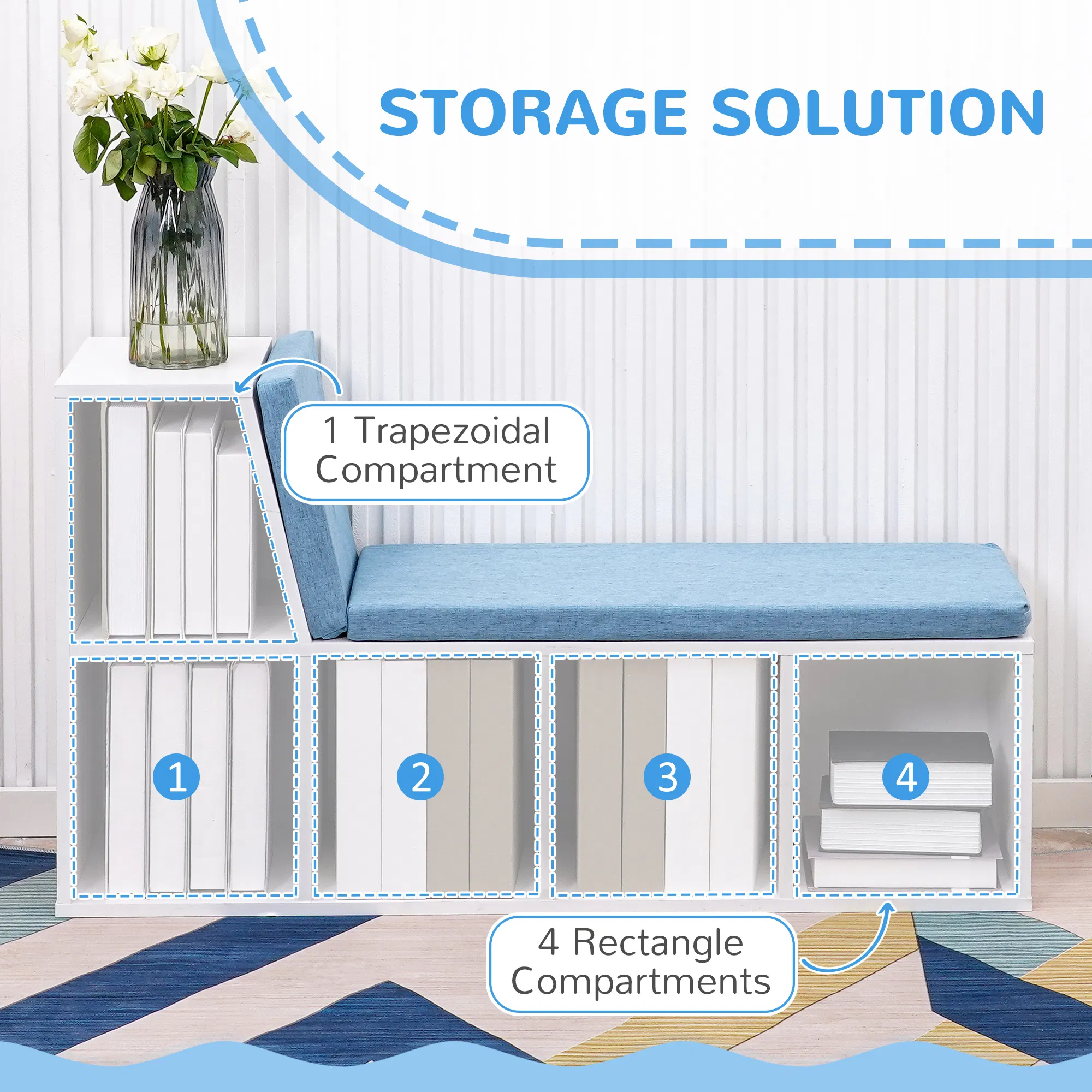 Multi-Purpose Bookshelf with 5 Cubes, 5-Cubby Bookcase with Cushioned Reading Nook and Storage Shelves, Blue photo 3