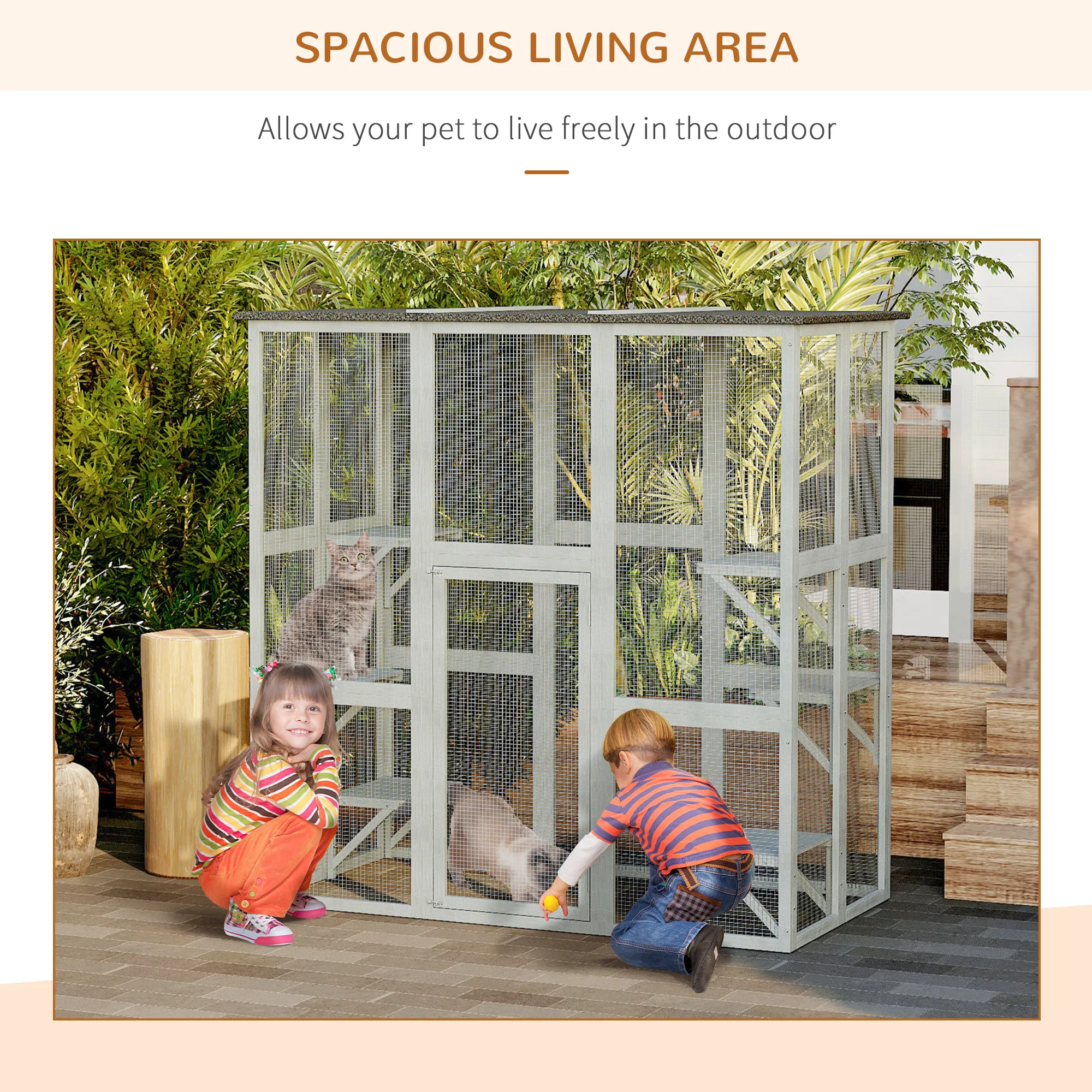 Large Outdoor Catio Enclosure, Weatherproof Cat House with Asphalt Roof, Wooden Cat Patio Cage with 6 Balanced Platforms, 71" x 39" x 71", Grey photo 2