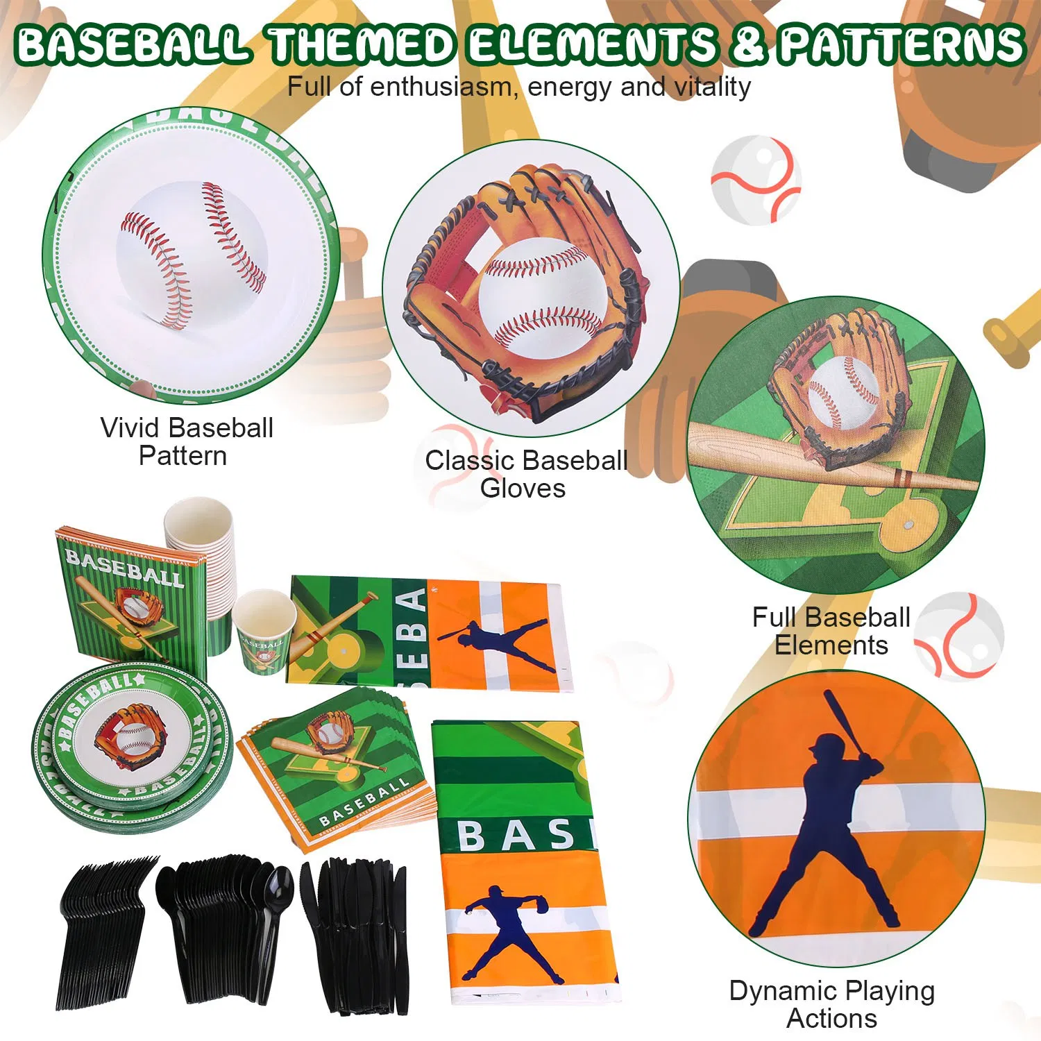 171Pcs Baseball Party Supplies Kit Baseball Birthday Party Disposable Dinnerware Set Baseball Themed Party Tableware Decorations Cups Plates Napkins Spoons Knives Forks Tableclothes photo 3