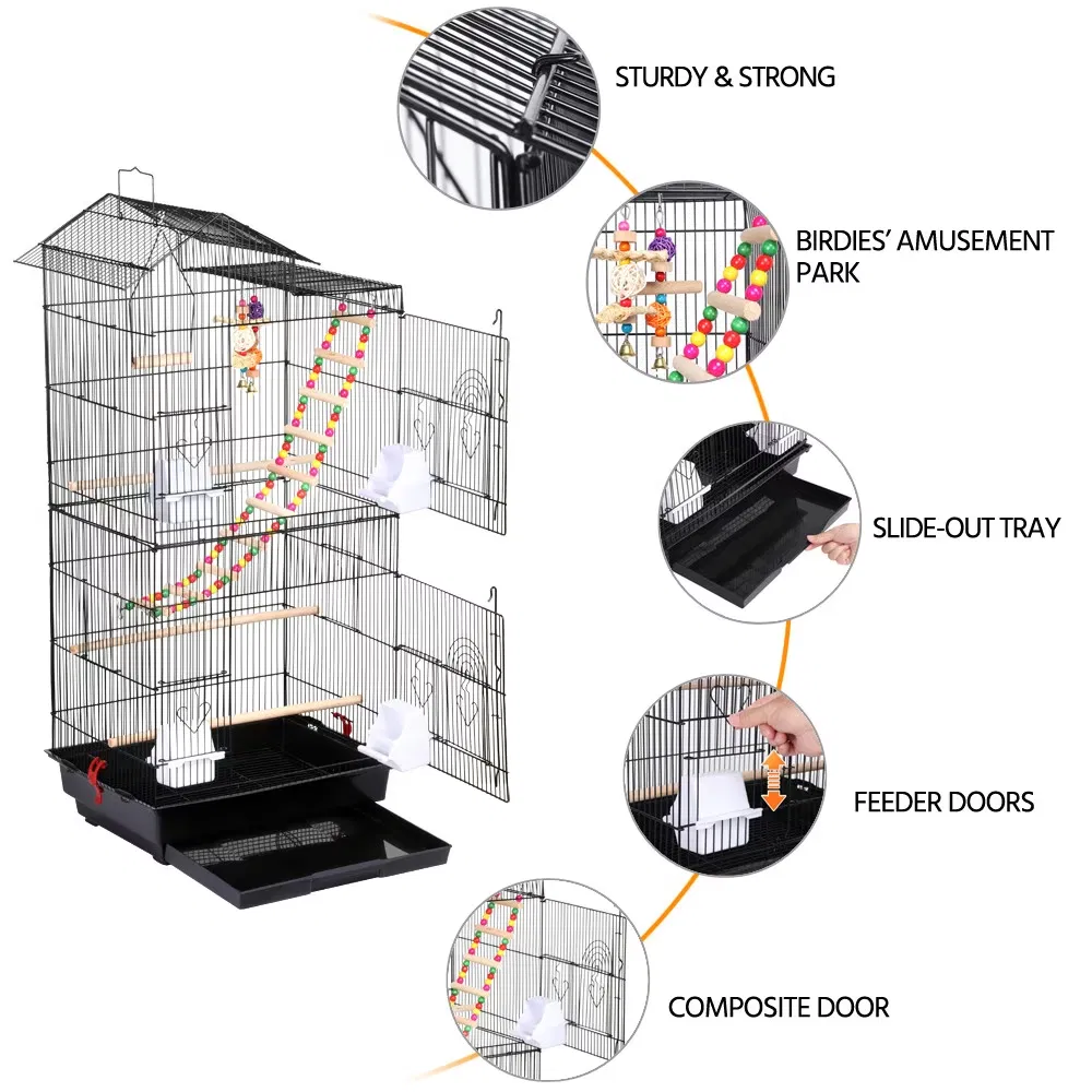 39"H Metal Bird Cage Large Roof Top Huge House for Small Birds, Black photo 2