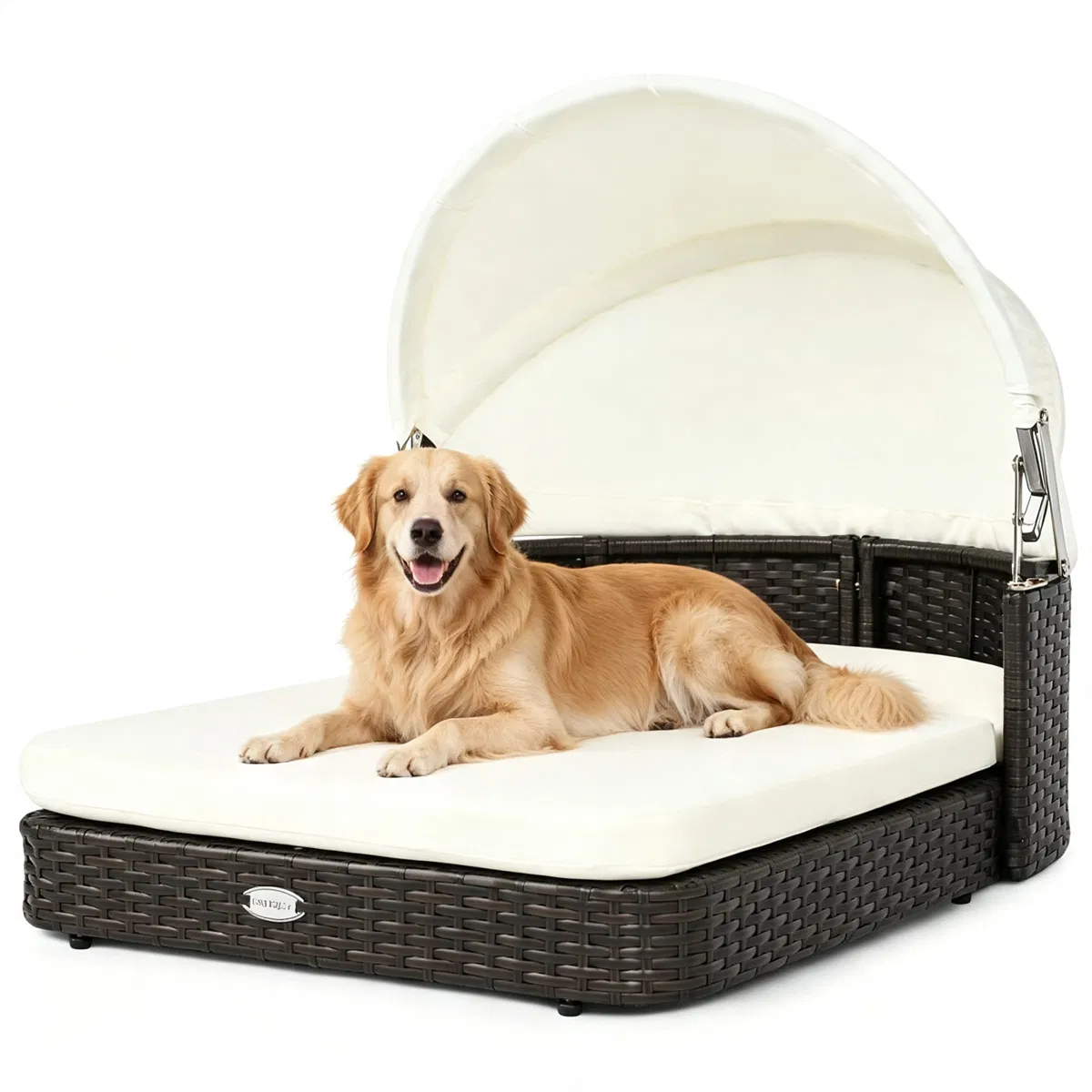 Hand-Woven PE Rattan Dog Bed with Adjustable Canopy, Elevated Outdoor Pet Daybed with Washable Plush Cushion, Anti-Slip Breathable Pet Shelter for Indoor Patio Garden-White photo 2