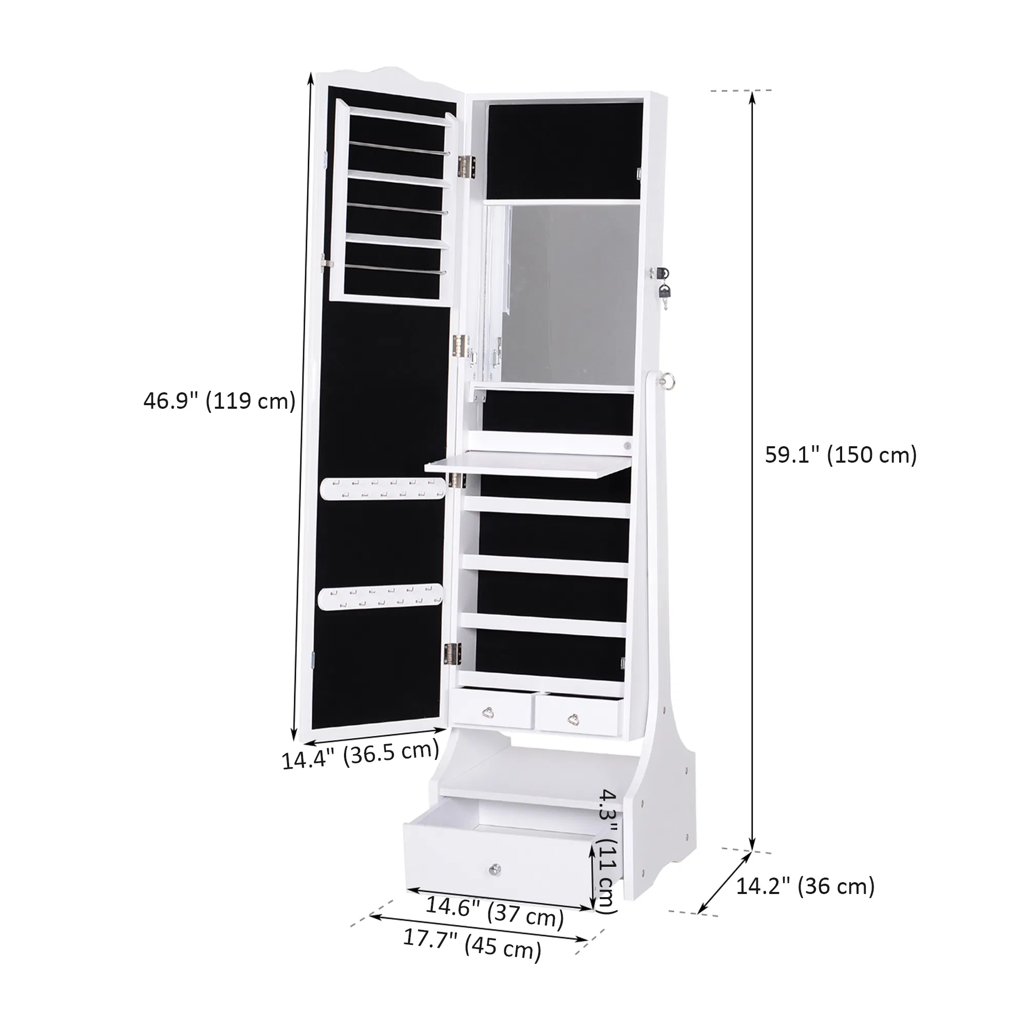Standing Jewelry Armoire: With LED Lights, Full-Length Mirror, Adjustable Angle, White photo 6