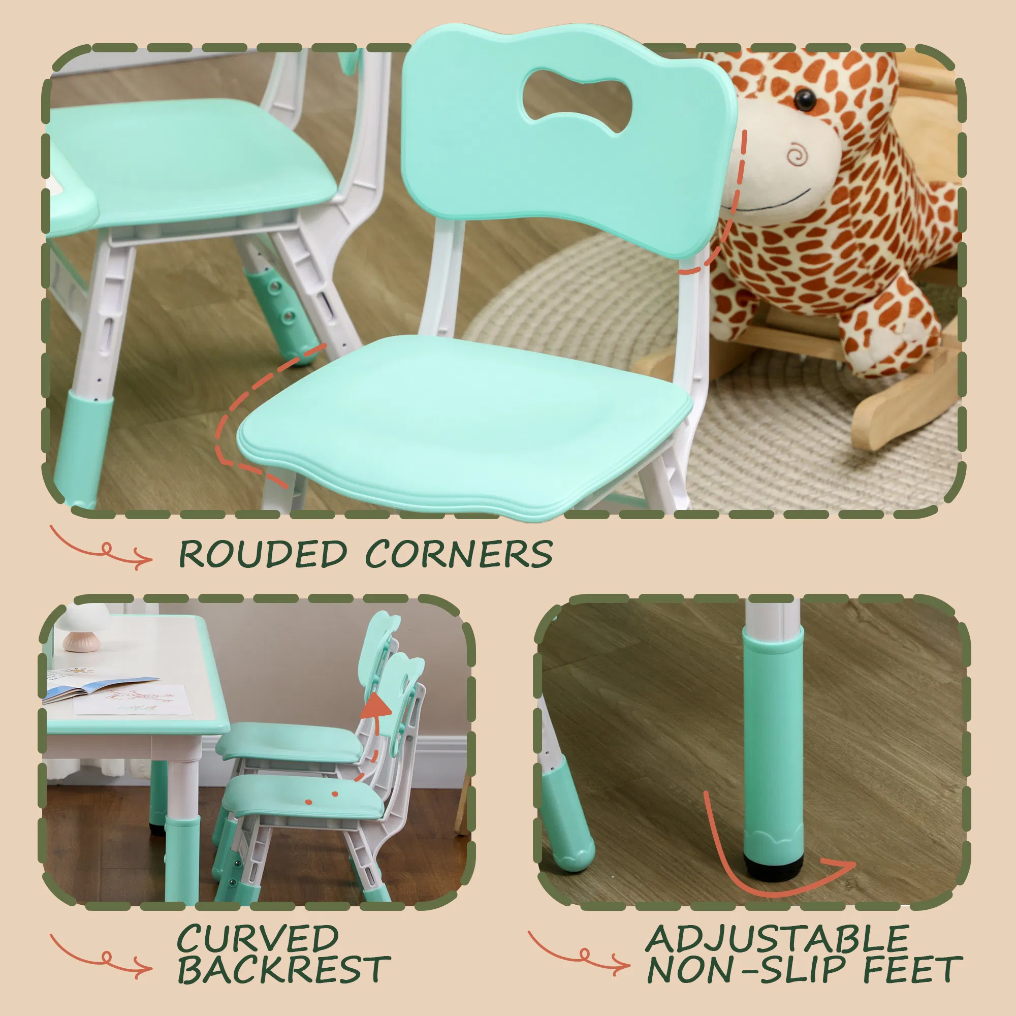 Kids Table and Chair Set with 4 Chairs, Adjustable Height, Easy to Clean, for 1.5 - 5 Years Old, Green photo 5