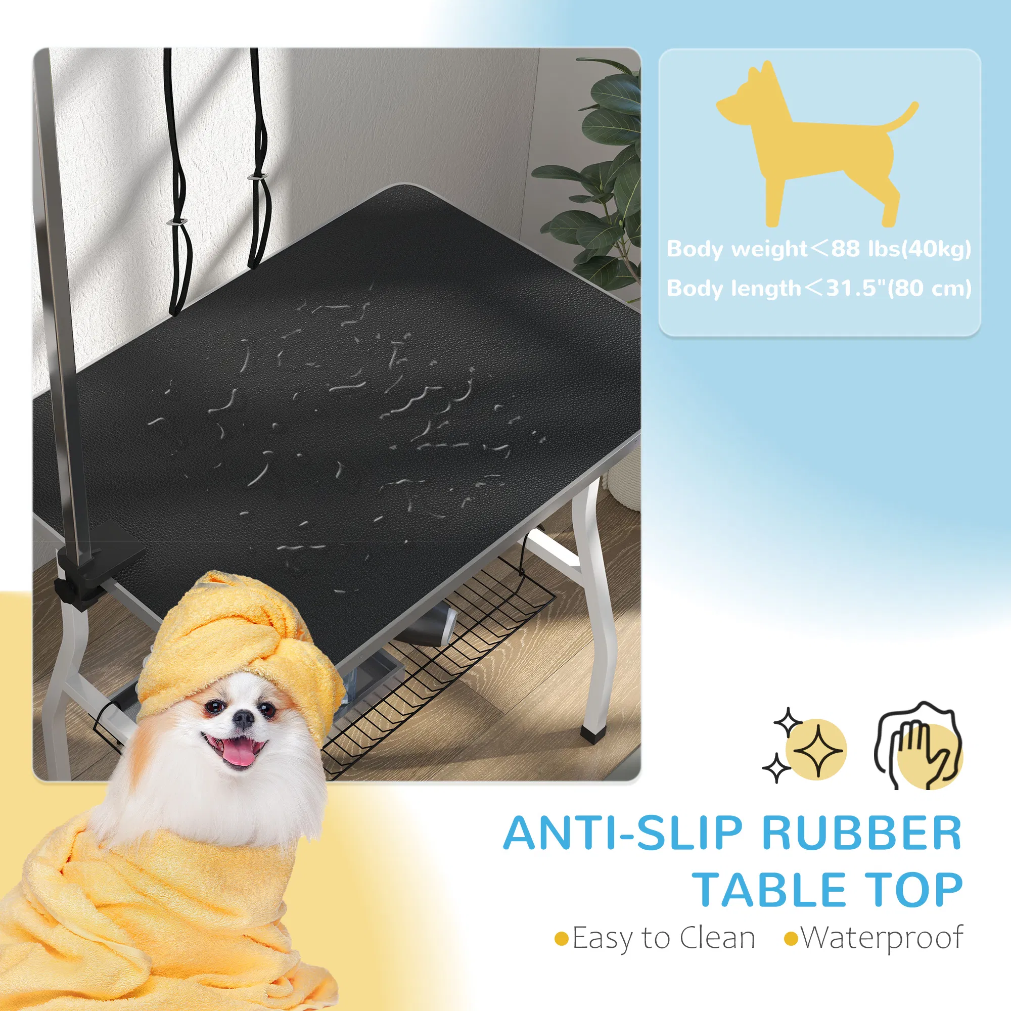 Dog Grooming Table w/ Adjustable Arm, Mesh Tray, Two Nooses, Rubber Surface, 35" x 24" x 61", Black photo 5