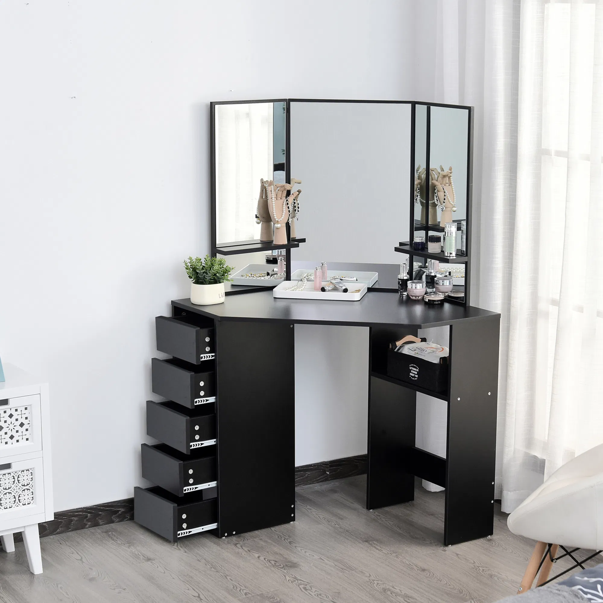 Corner Vanity Desk with Mirror, Makeup Vanity Table with 5 Drawers and Open Shelves, Dressing Table with 3-piece Mirror for Bedroom, Black photo 5