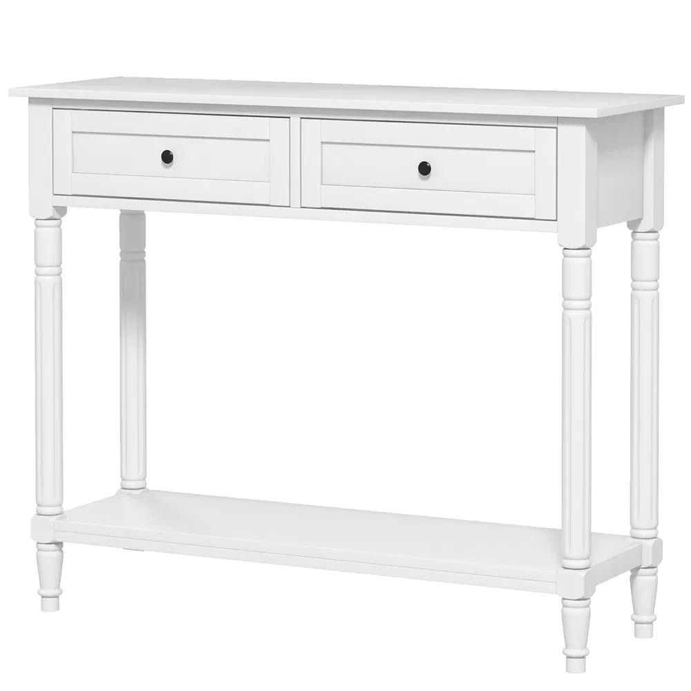 Hallway Console Table, Modern Entryway Table with 2 Drawers, Storage Shelf, Turned Legs for Living Room, Bedroom, White photo 7