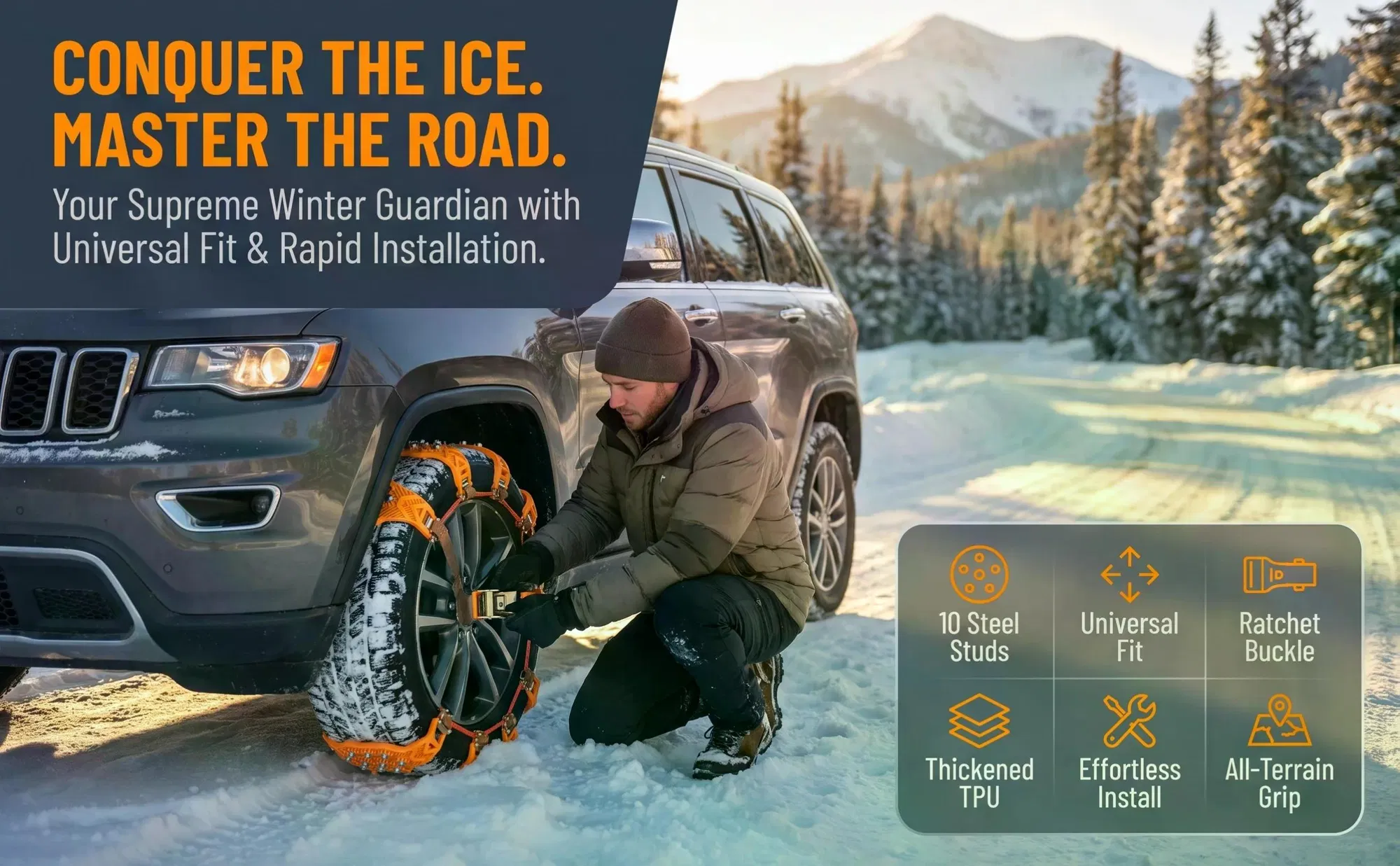 Car Tire Snow Chains 6Pcs Set Universal 165-245mm Thickened Widened Anti-Skid Chains, Ice Breaking Traction for Sedan SUV Off-Road, Winter Emergency Tyre Chains with Storage Bag Gloves Hook Wrench photo 8