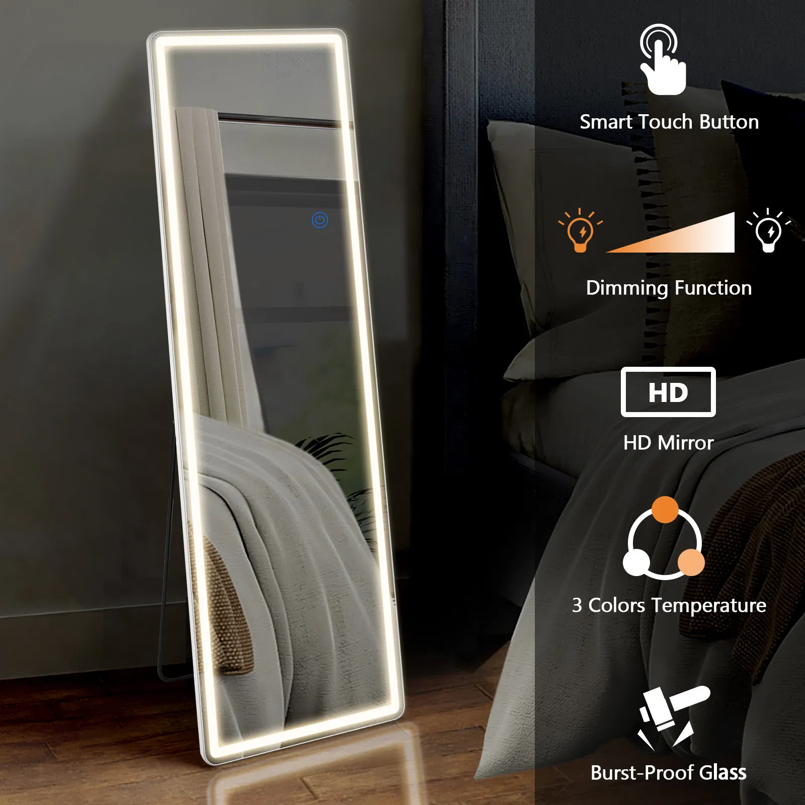 3 Color Lighting Mirror with LED Lights, 64"x21" Lighted Floor Standing Mirror with Stand, Wall Mounted Hanging photo 4