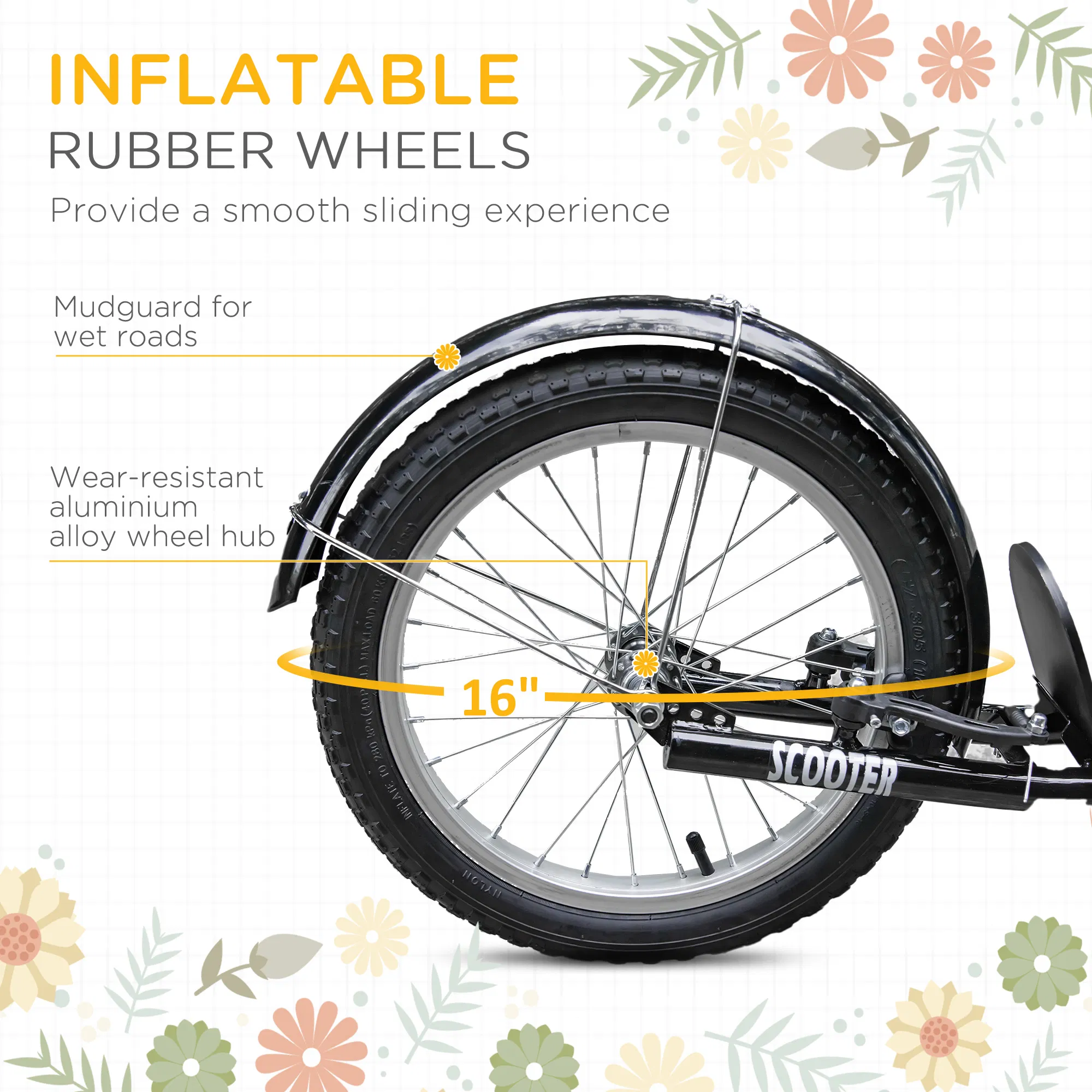 Kick Scooter with Adjustable Handlebar, Kids Scooter with 2 Brakes Basket Cupholder 16" Inflatable Rubber Tyres Orange photo 5