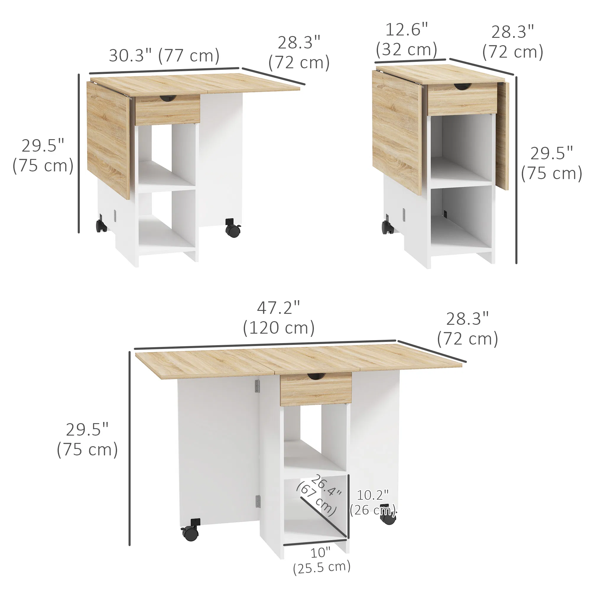 Folding Dining Table, Space Saving Drop Leaf Table with Drawer and Storage Shelves for Kitchen, Dining Room, Oak photo 4