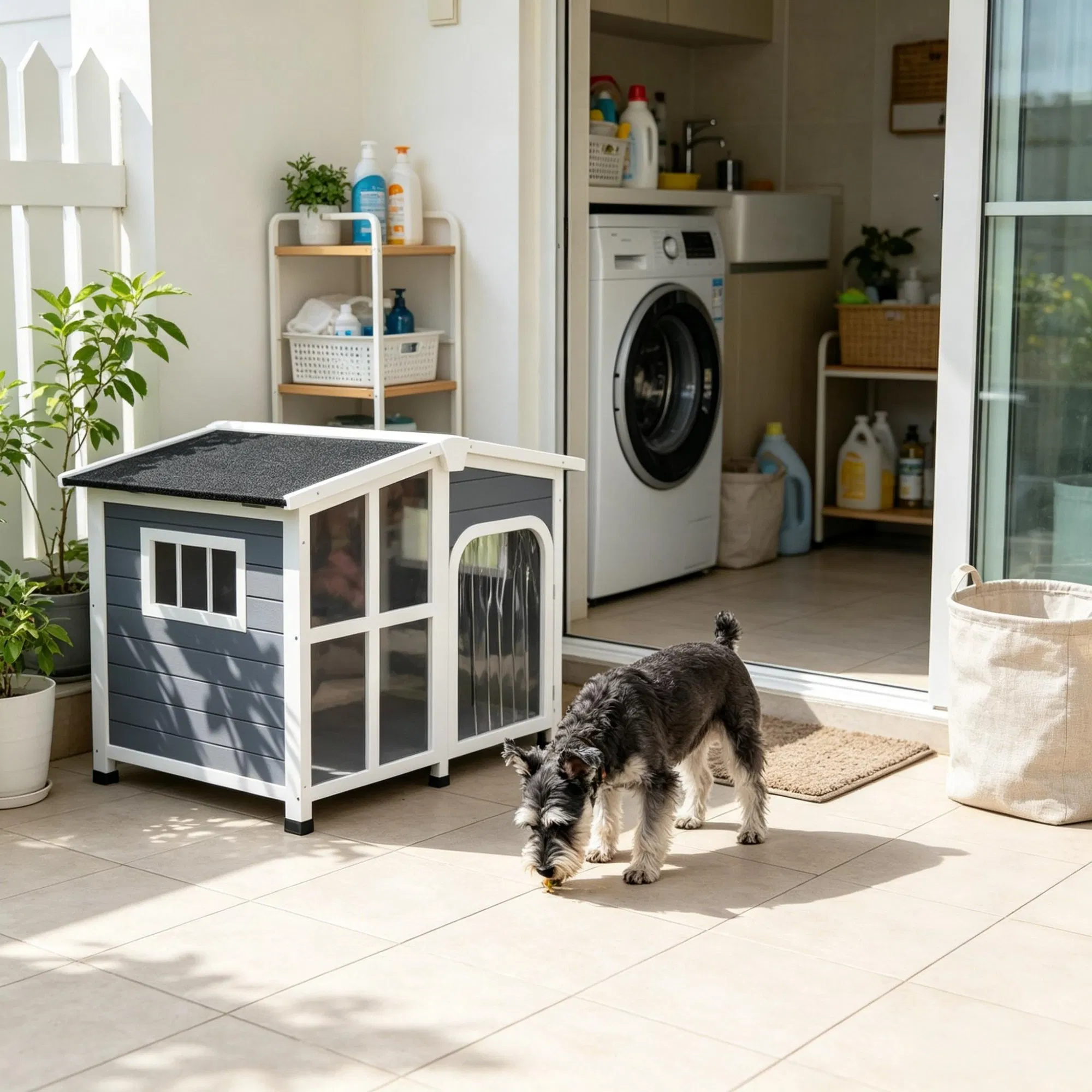 Large Dog House Cabin-Style Wooden Pet Shelter with Openable Roof And Giant Window Gray photo 4