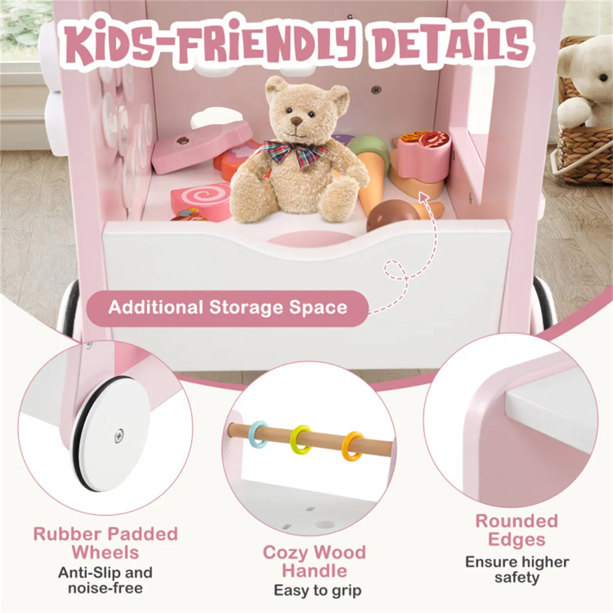 2-in-1 Baby Walker with 8 Fun Activities (Dessert Sorter/Adjustable Clock/Maze) + Side Shop Window (Role Play)-Pink photo 8