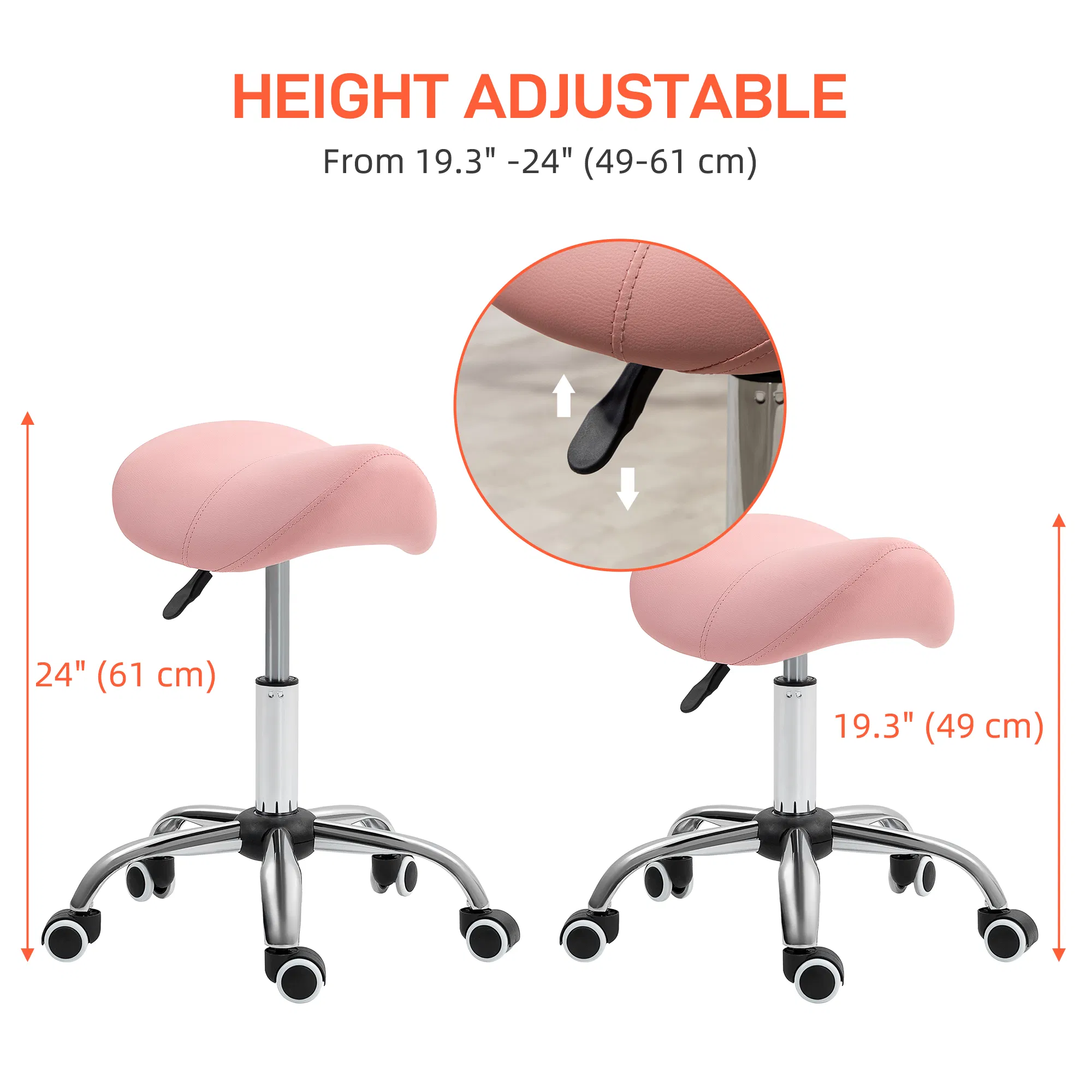 Cosmetic Stool Rotate Height Adjustable Salon Massage Spa Chair Hydraulic Rolling Faux Leather Saddle Stool, Pink photo 5