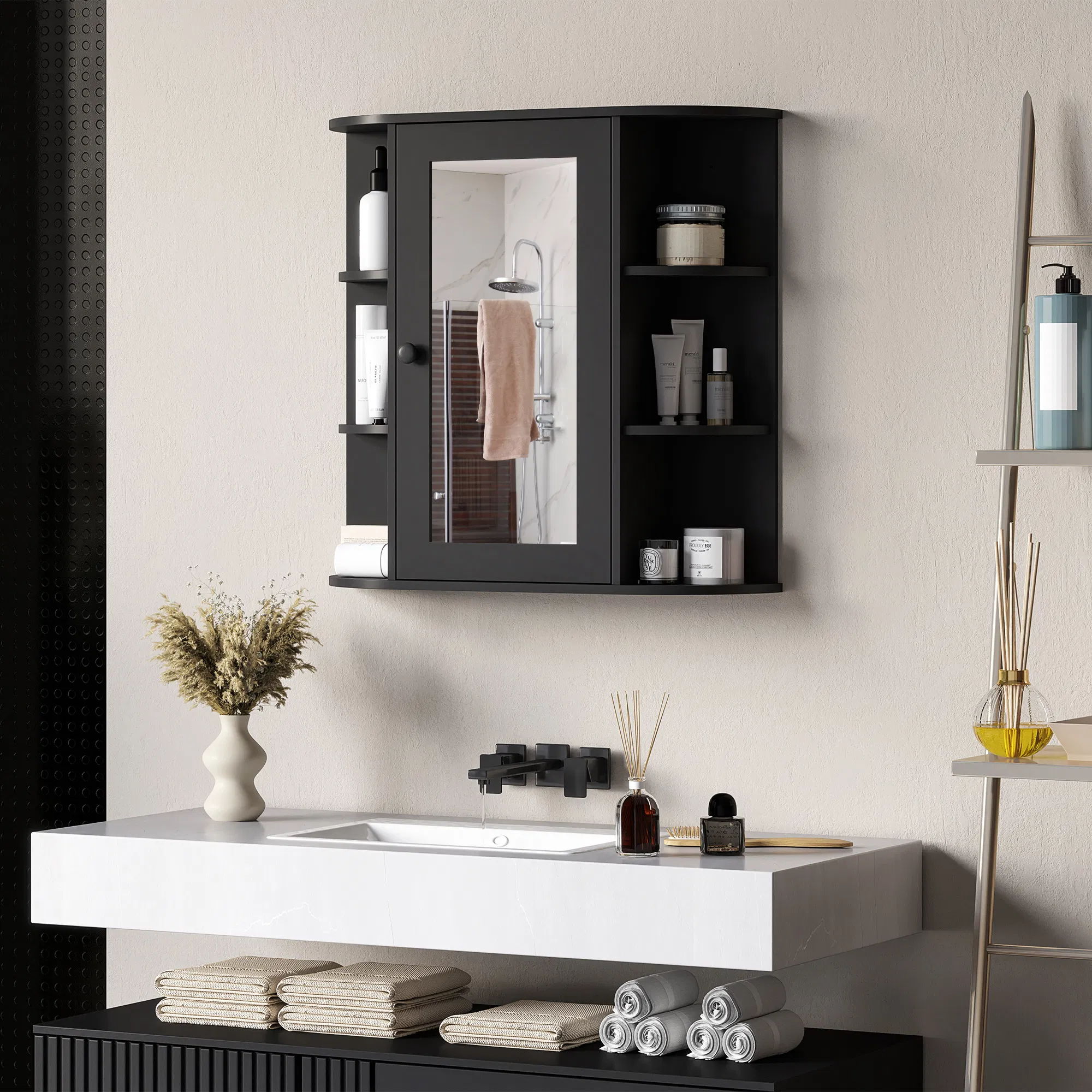 Mirrored Bathroom Wall Cabinet Wall Mounted Medicine Cabinet with Door & Shelves, Black photo 4
