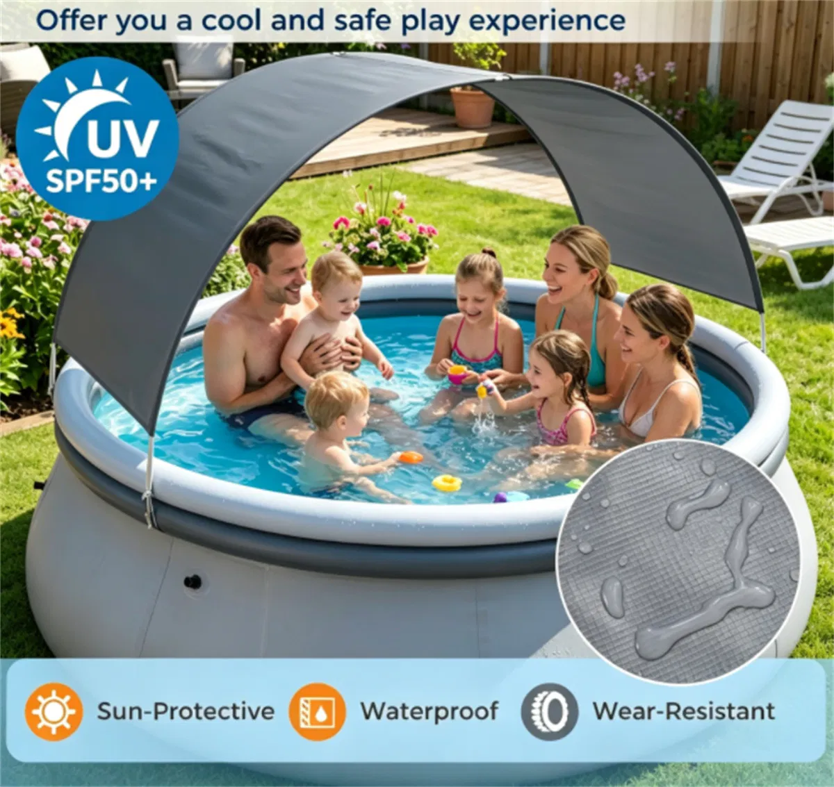 118 x 68 Large Capacity Outdoor Inflatable Pool with Sunshade Tent, TearResistant PVC BlowUp Pool with Repair Kit, 6Person Portable Family Swimming Pool photo 6