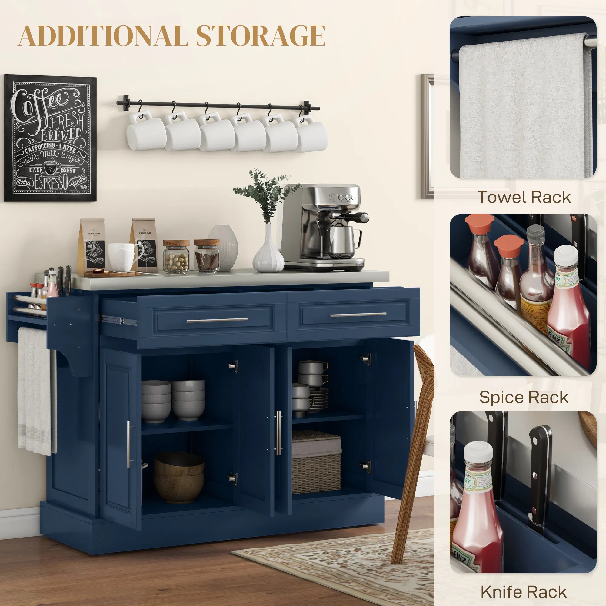 Rolling Kitchen Island with Storage and Stainless Steel Top, Kitchen Trolley with Drawers, Cabinets, Towel Rack, Blue photo 6