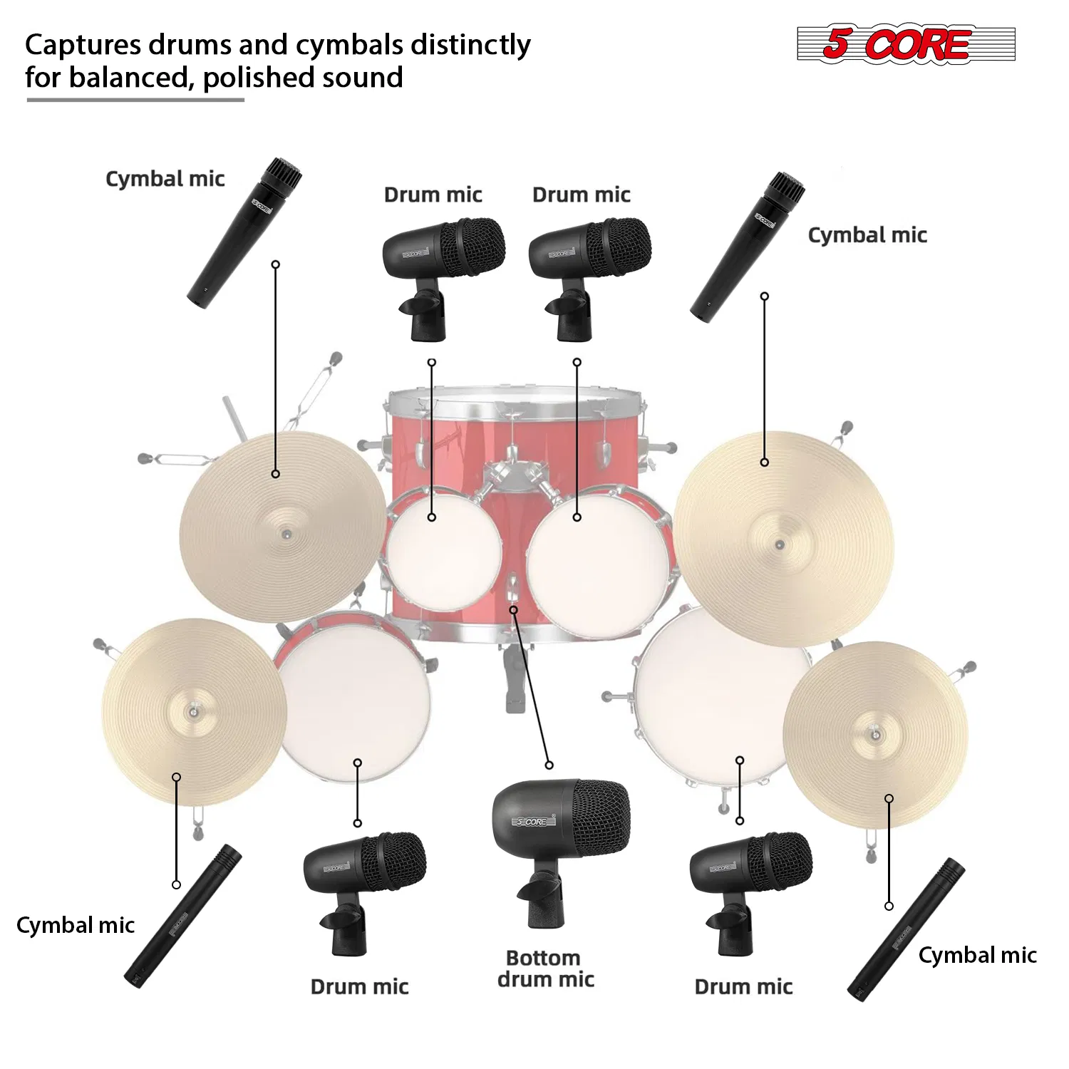 5 Core Drum Microphone Kit 9Pc All Metal Drummer Mics Tom/Snare & Cymbals Wired Instrument Drums Set photo 6