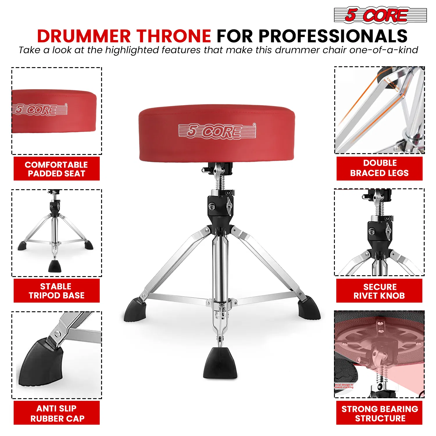 5 Core Drum Throne 4" Thick Padded Guitar Stool 400Lb Capacity Drummer Chair Swivel Adjustable photo 7