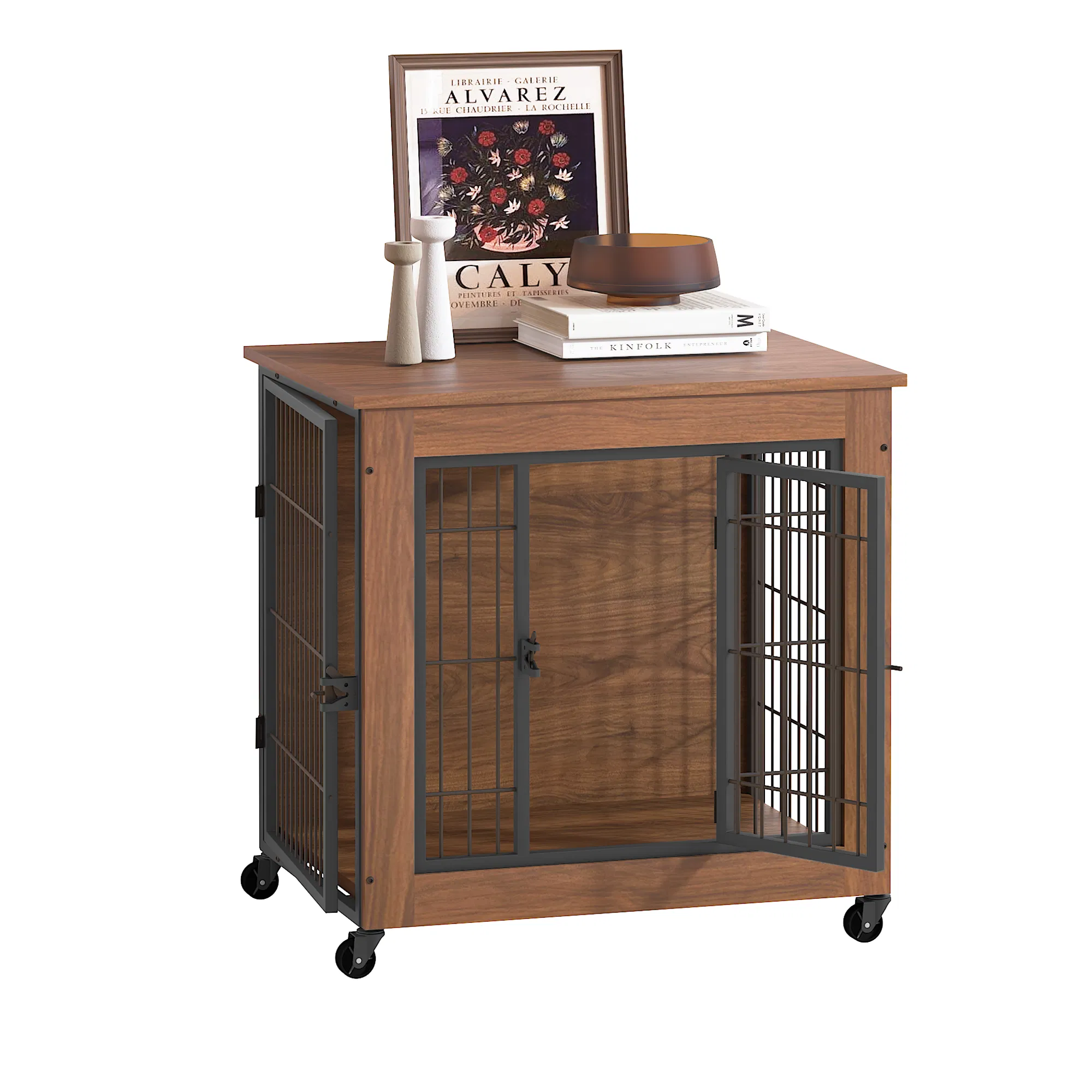 27.2" Dog Crate Furniture with Wheels for Small Dogs, Heavy Duty Dog Kennel Indoor with 2 Doors, Wooden Pet Cage End Table, Double-Doors Sturdy Metal Dog Cage for Anxiety Dog photo 3