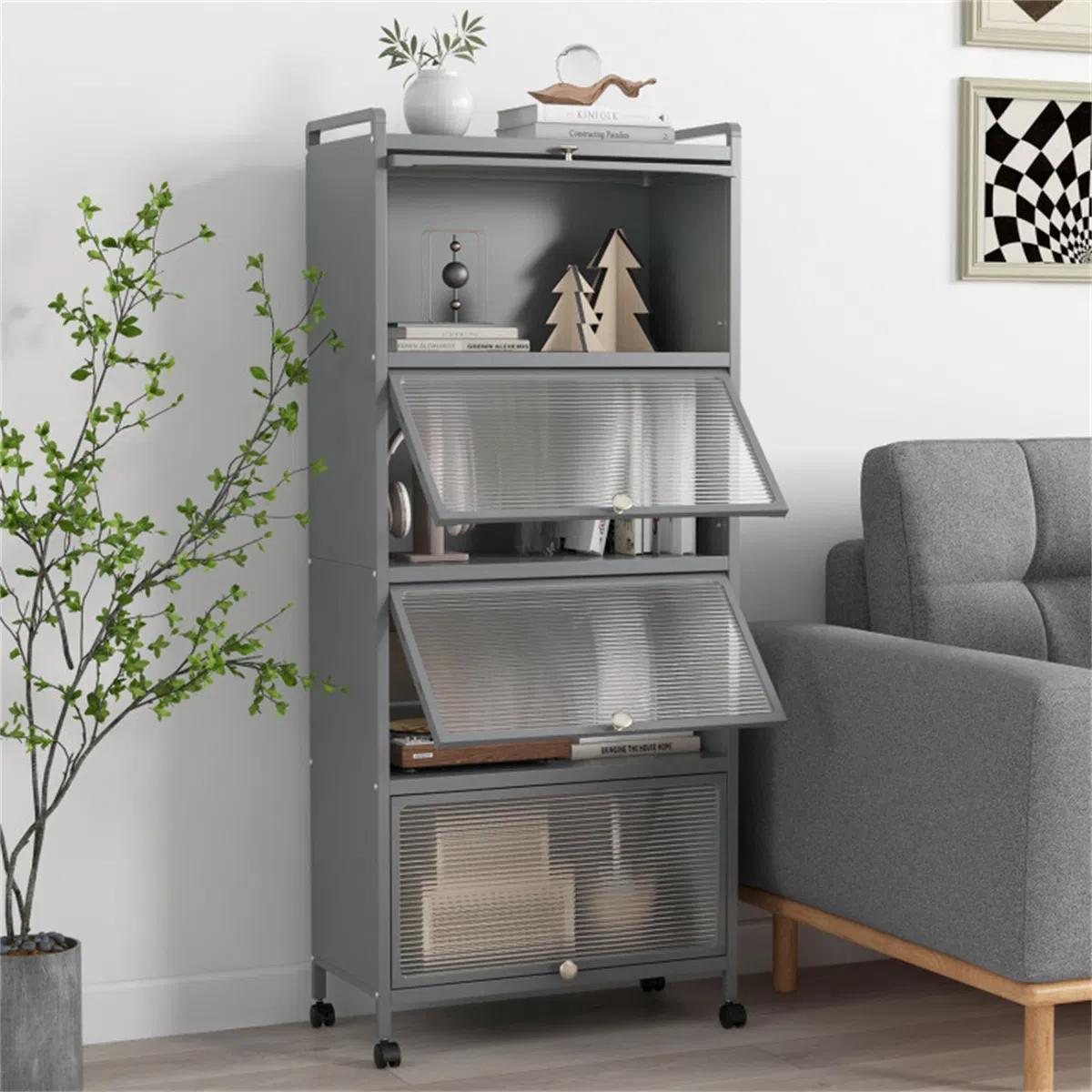 5-Tier Rolling Microwave Stand Flip Dust-Proof Doors 4 Casters with Brakes Kitchen Storage Rack Gray photo 7