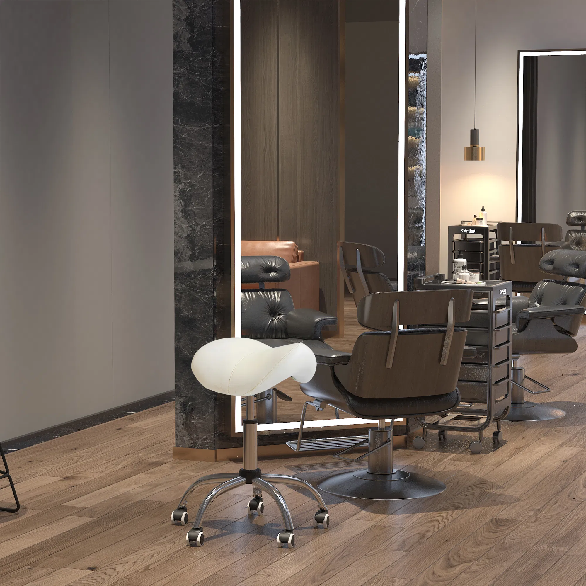 Cream White Rolling Salon Stool: Adjustable Hydraulic Swivel Saddle Chair, PU Leather Spa Beauty Seat photo 3