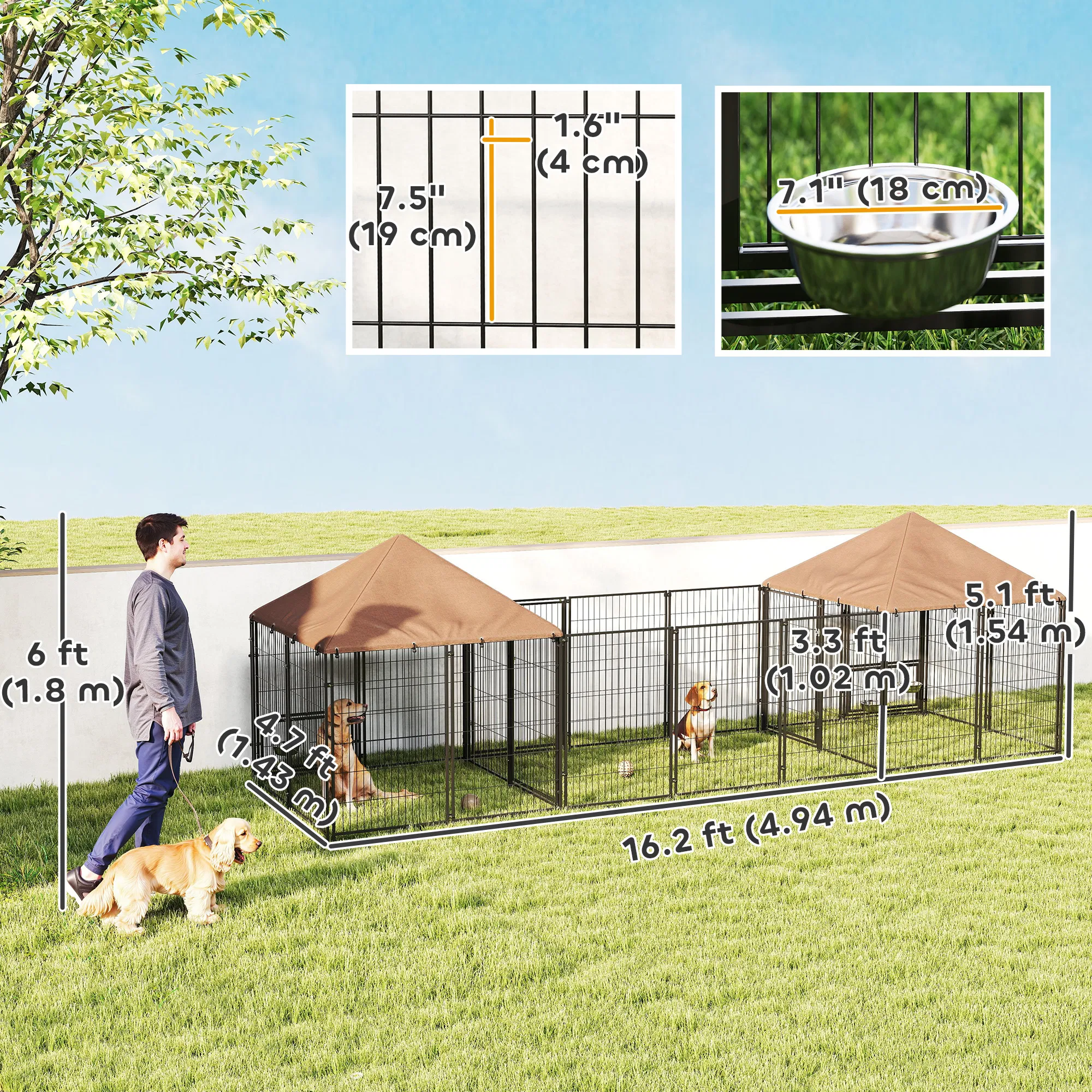 Outdoor Dog Kennel with 2 Rooms, Rotating & Adjustable Height Bowls, Waterproof UV-Resistant Cover, 16.2' x 4.7' x 5.1' photo 4