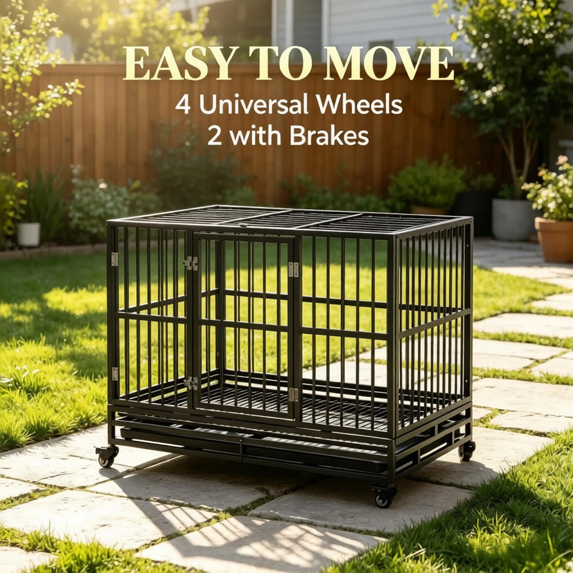 48" Heavy Duty Metal Dog Crate Kennel with Lockable Wheels Double Door Removable Tray Gray photo 6
