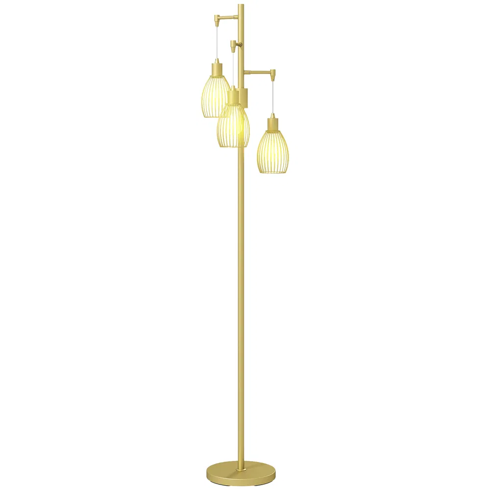 Industrial Floor Lamp with 3 Hanging Wire Lampshades, Dimmable Standing Lamp for Living Room, Gold photo 7