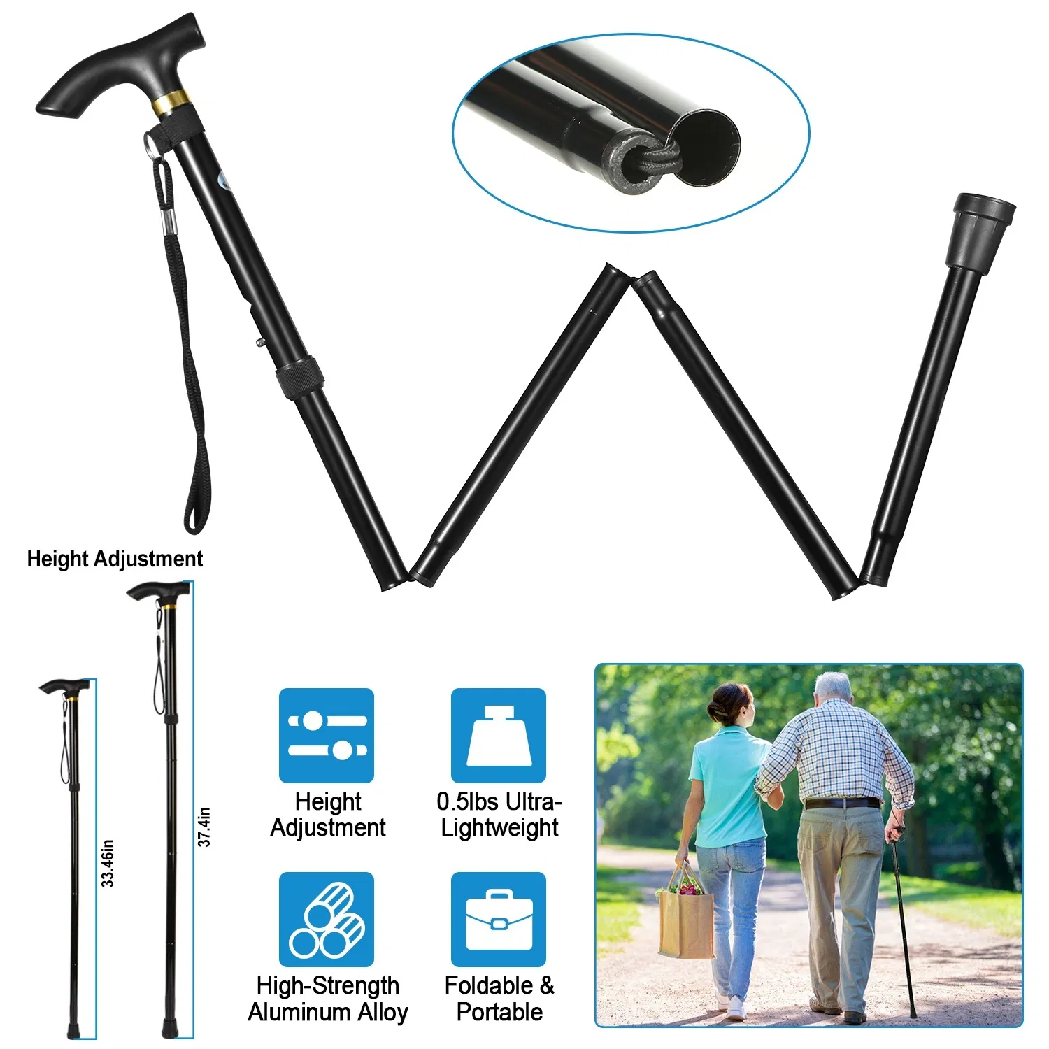 Travel Folding Trekking Hiking Pole,Collapsible Cane Adjustable Walking Stick Portable Mobility Aid for Women Men Hikers Gift,Black photo 1