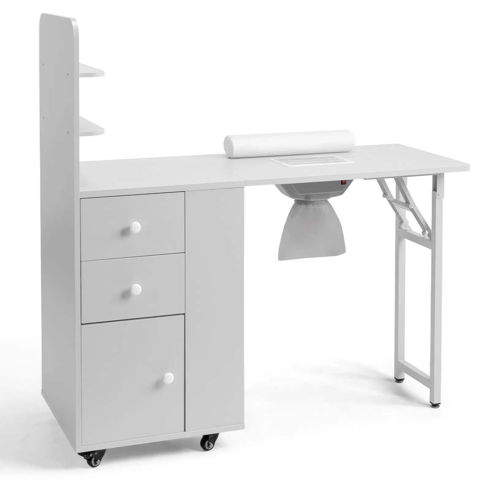 White MDF Folding Nail Desk with 2 Drawers, Cabinet Door & Storage Shelf photo 1