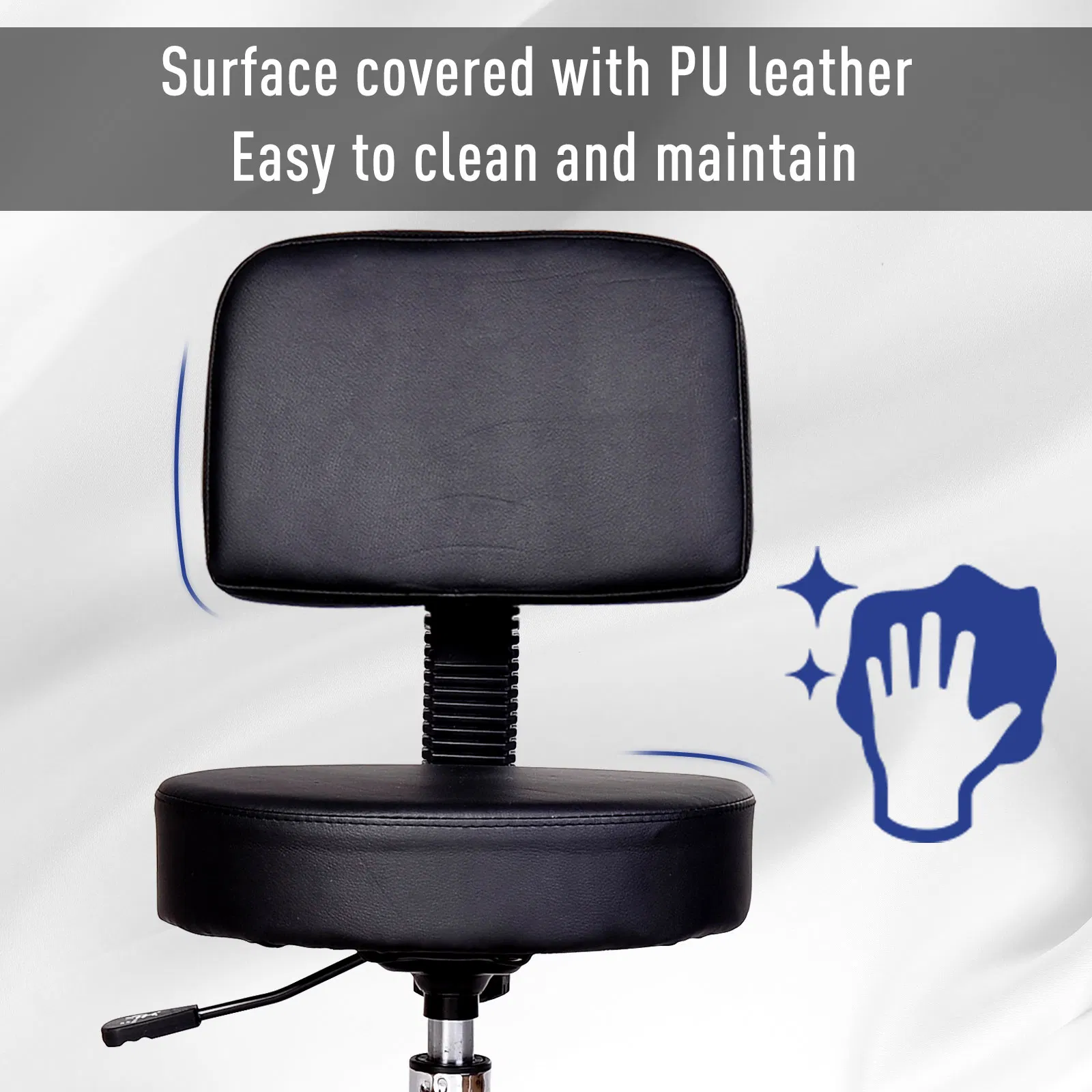 Rolling Stool Comfort: PU Leather Adjustable Swivel Drafting Stool with Back for Salon, Spa, Massage, Black Seating photo 2