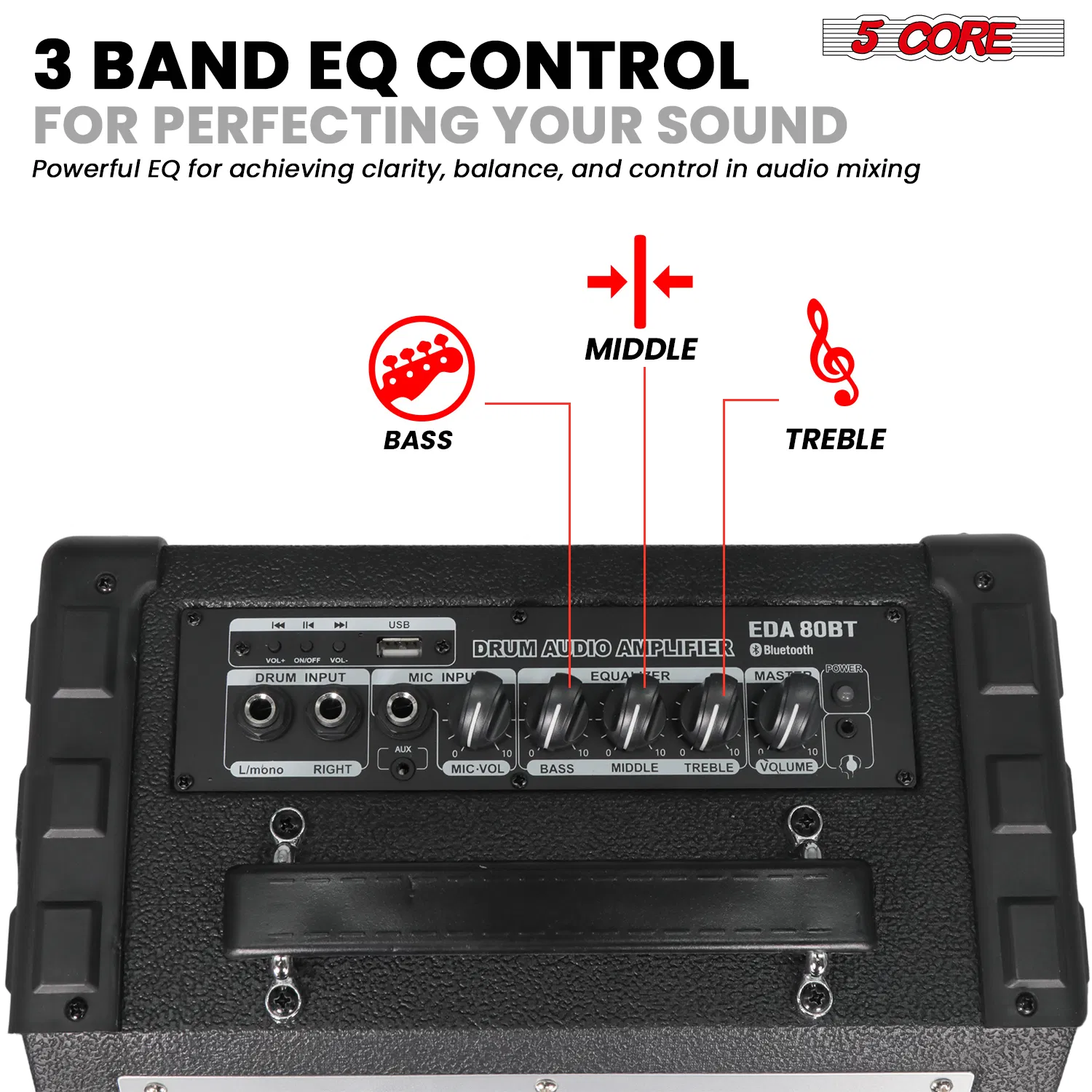5 Core Electric Drum Amplifier 80W Professional Bluetooth Drumming Amp w 8' Speaker w 3 Band EQ photo 6