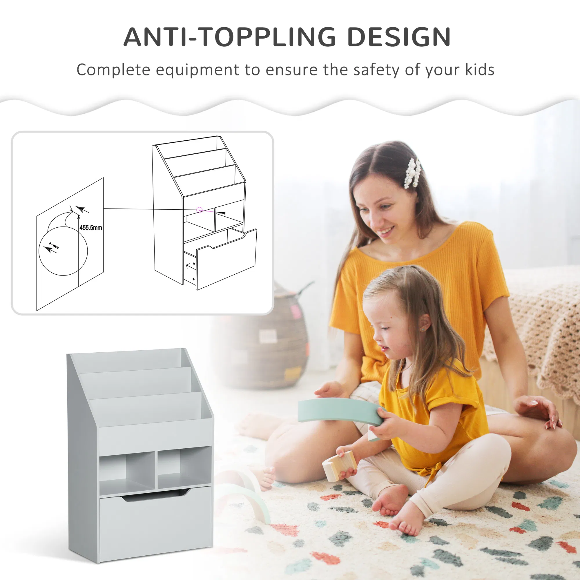 Kids Bookcase Multi-Shelf Rack Organizer with Storage Drawer for Books for Reading Nook, Classroom, Bedroom, Playroom, Grey photo 5