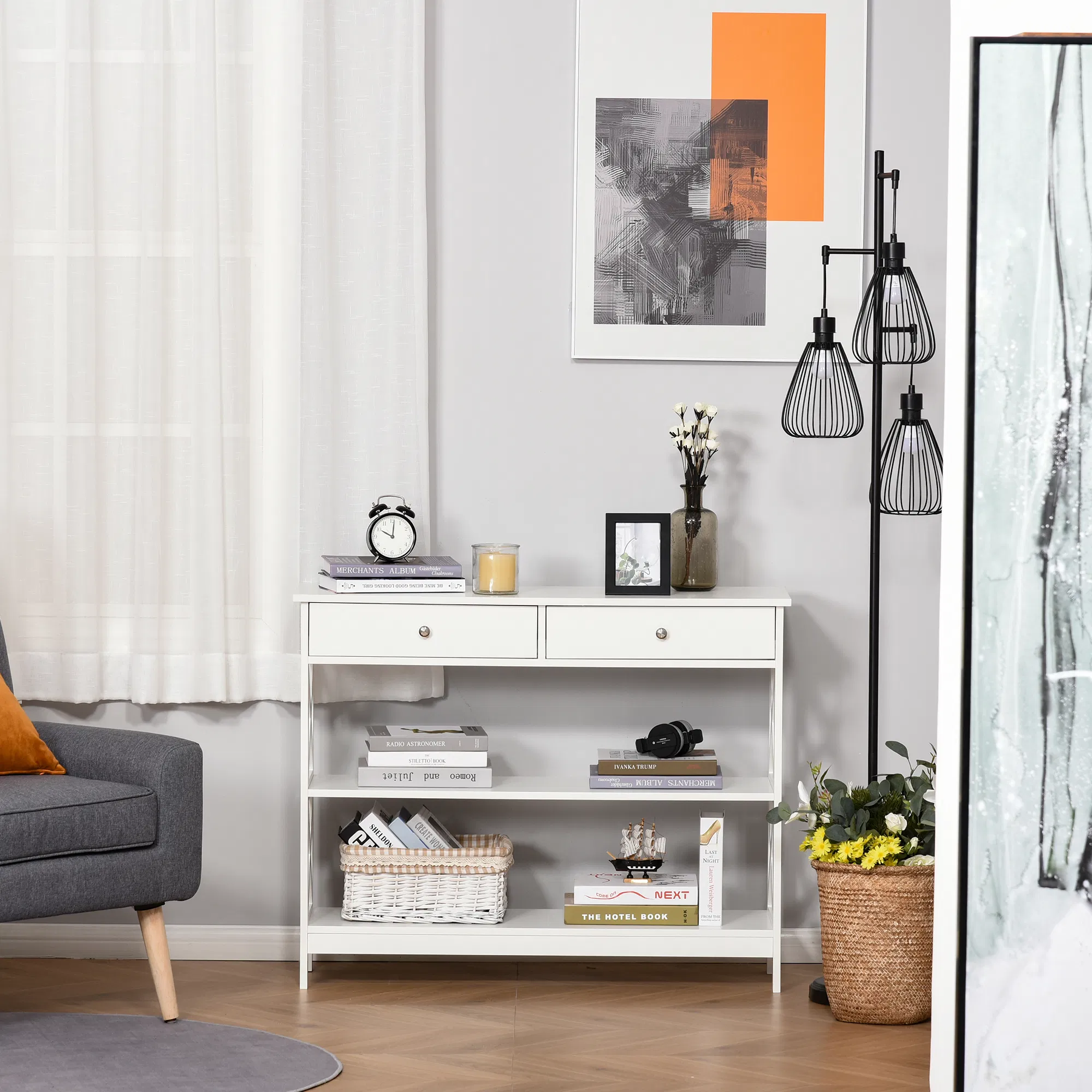 39" Console Table, Narrow Entryway Table with Storage Shelves, Drawers and X Frame for Behind Couch, Living Room, Hallway, White photo 4