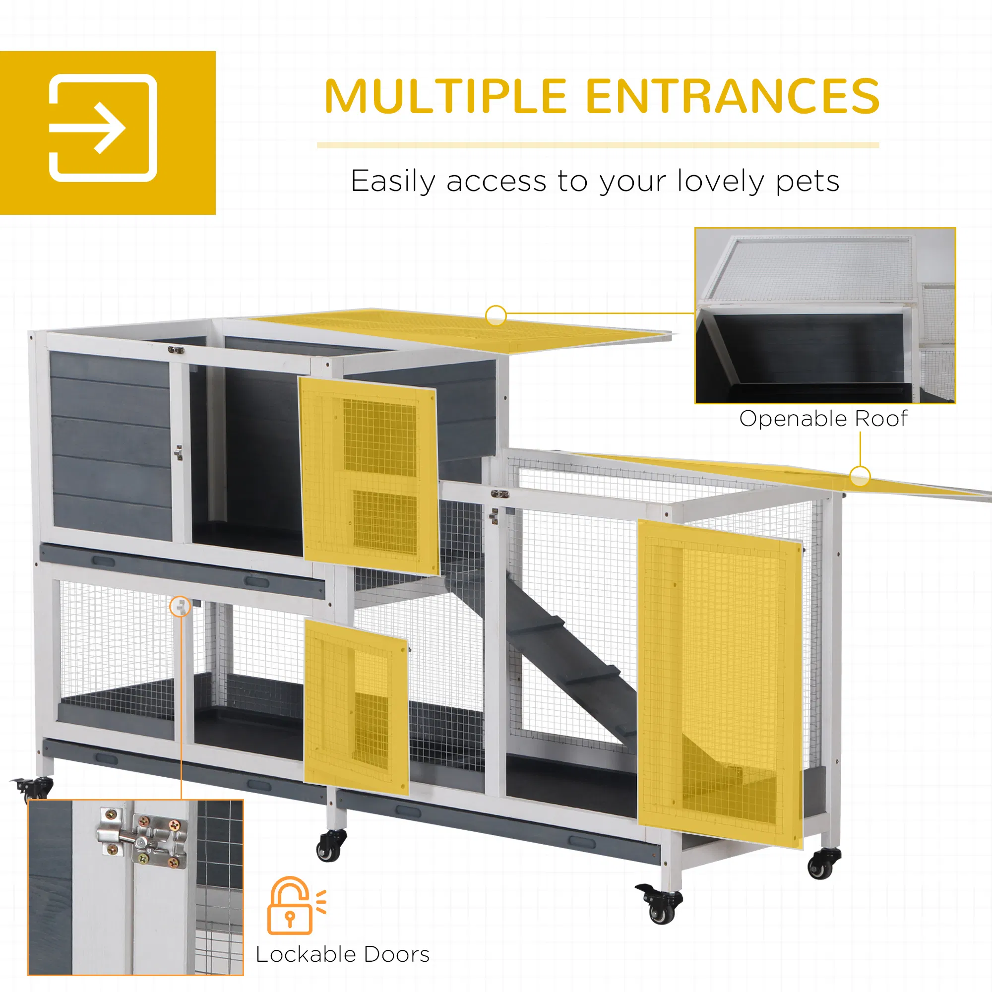 Wooden Rabbit Hutch Elevated Pet House Bunny Cage Small Animal Habitat with Slide-out Tray Lockable Door Openable Top for Indoor 58" x 18" x 35" Grey photo 2