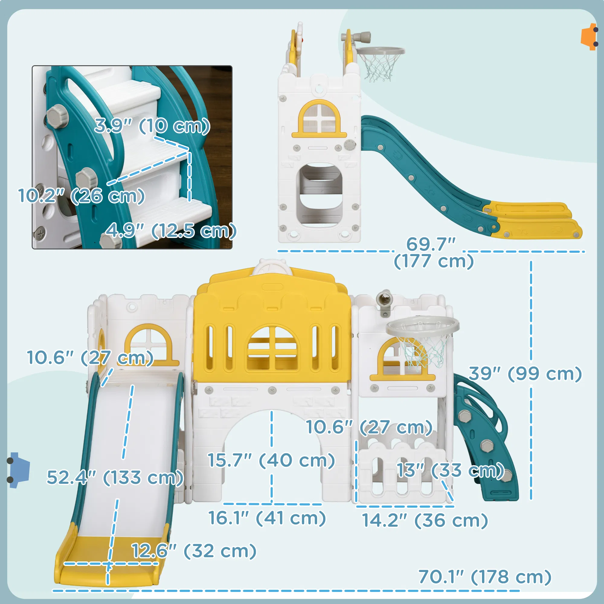 7 in 1 Toddler Slide with Basketball Hoop, Climber, Telescope, Tunnel, Steering Wheel, for 1-3 Years, Yellow photo 4