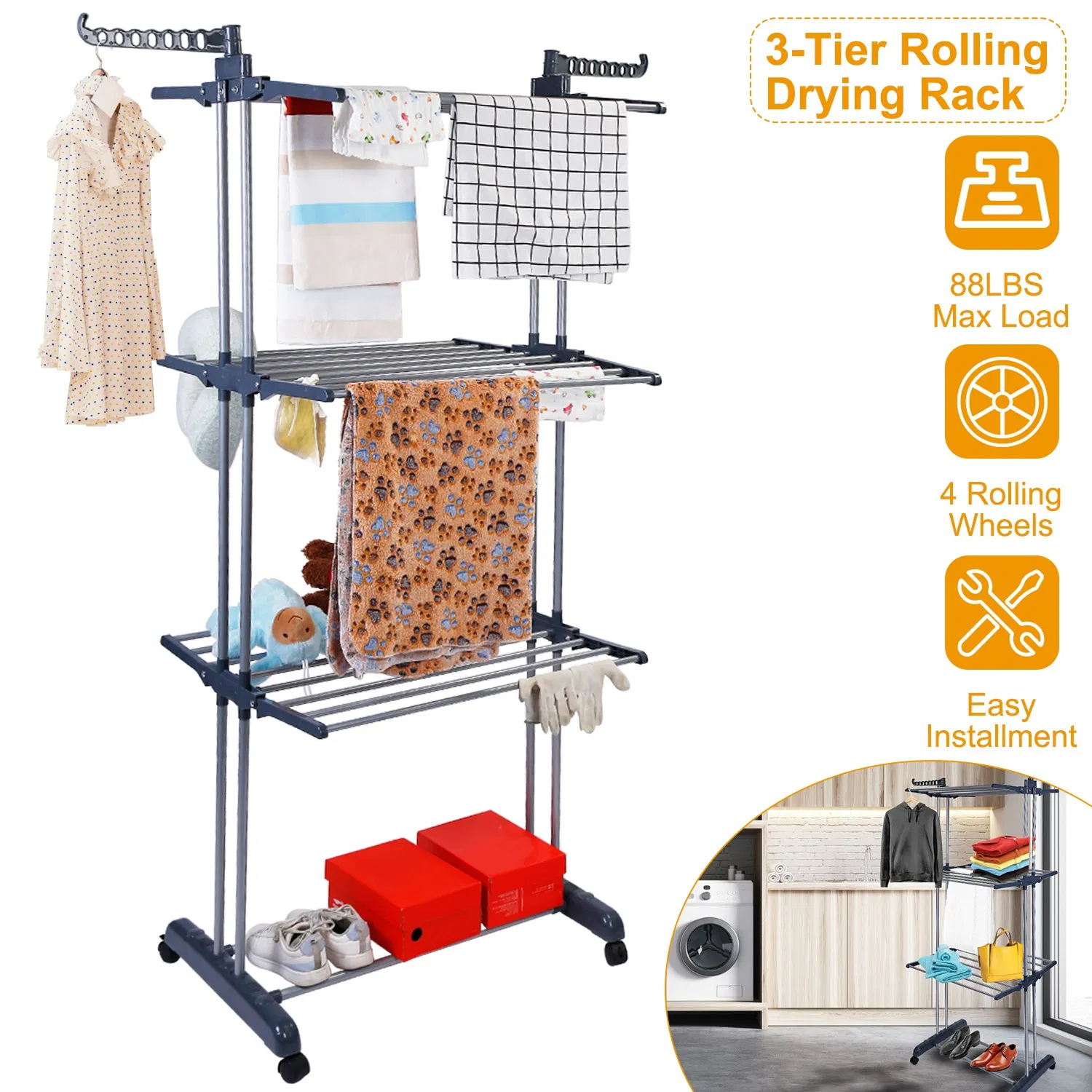 Clothes Drying Rack Rolling Collapsible Laundry Dryer Hanger Stand Rail Shelve Wardrobe Clothing Drying Racks w/ Dual Side Wings photo 2